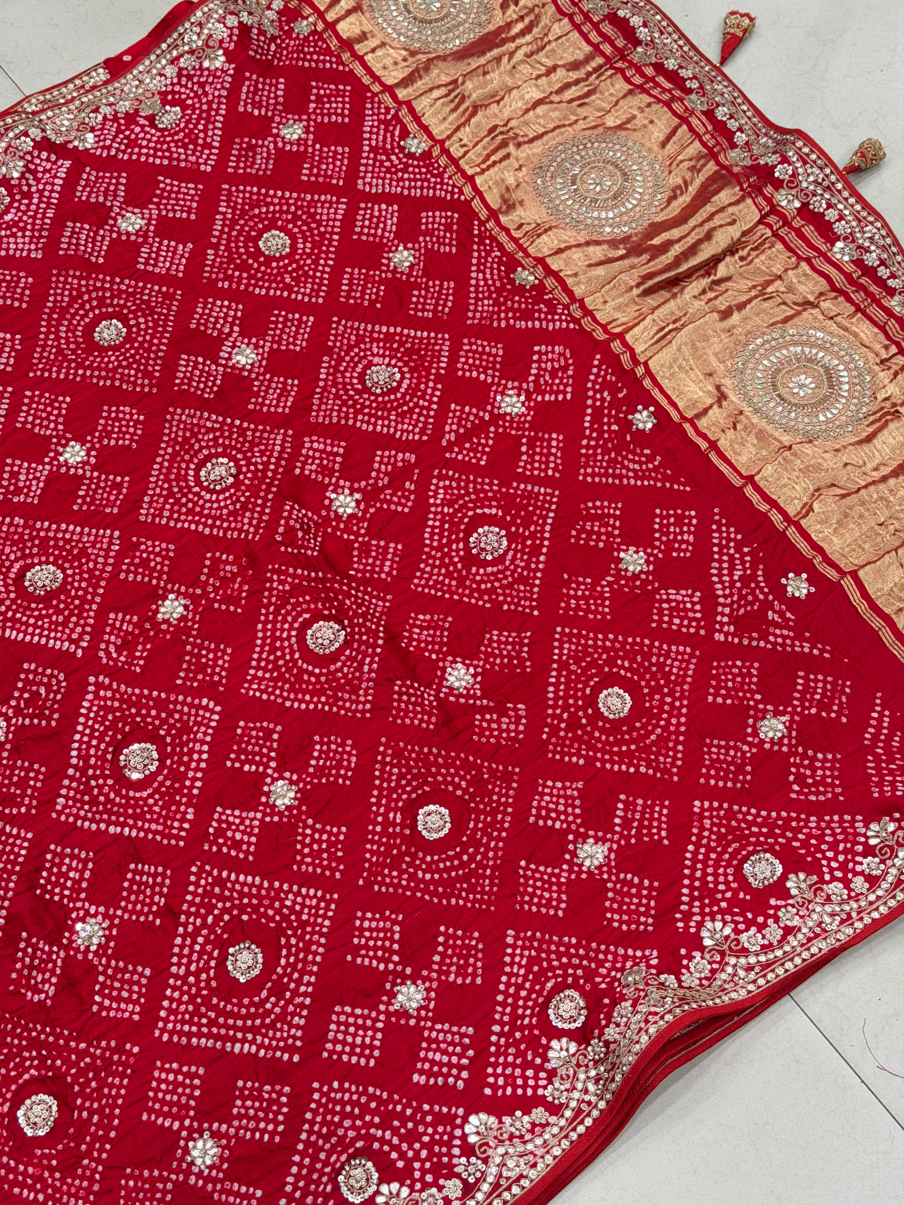 Red Gajji Silk Bandhej Hand Done Gotapatti Saree