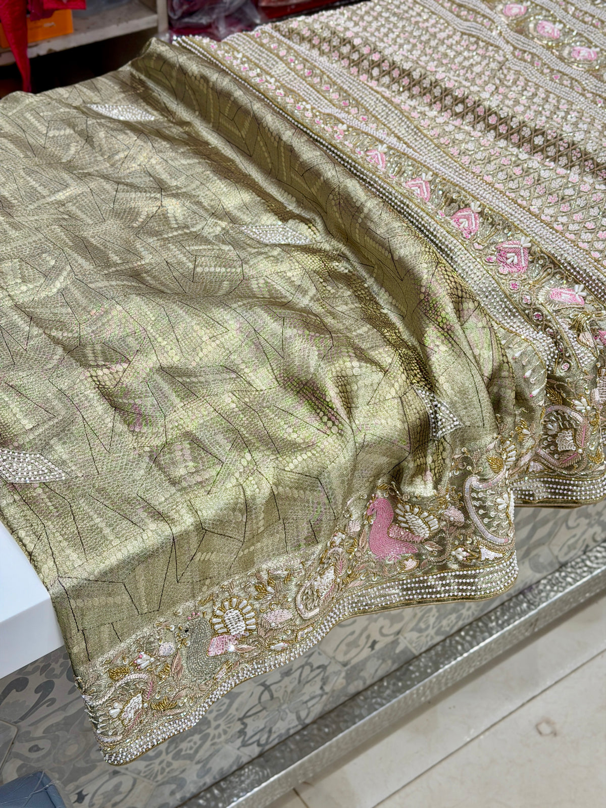 Green Silver Kanjivaram Three Zari Hand Embroidery Zardosi Moti Sequin Saree