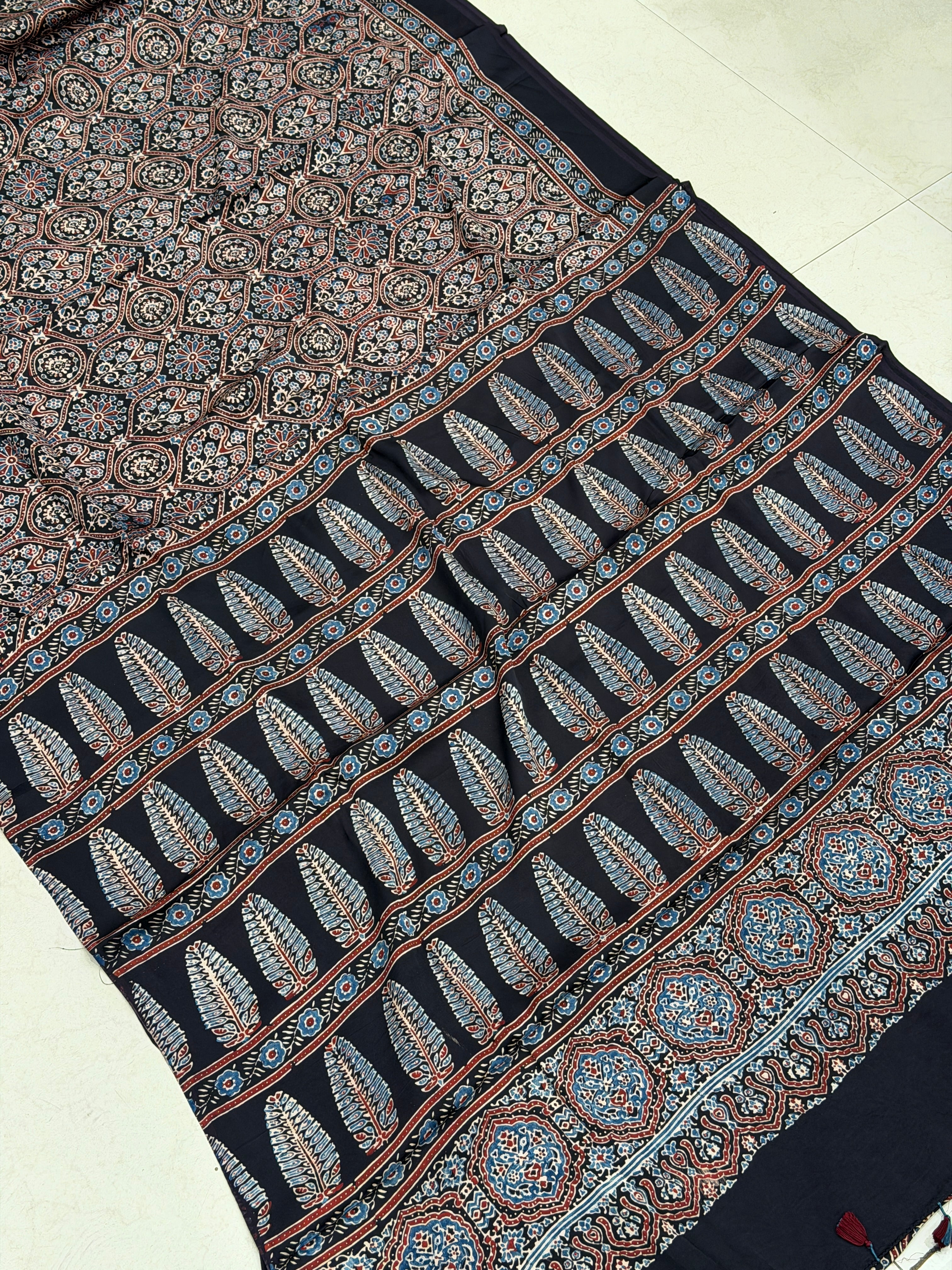 Black Coated Flower Butti Ajrakh Hand Block Print Pure Modal Silk Saree
