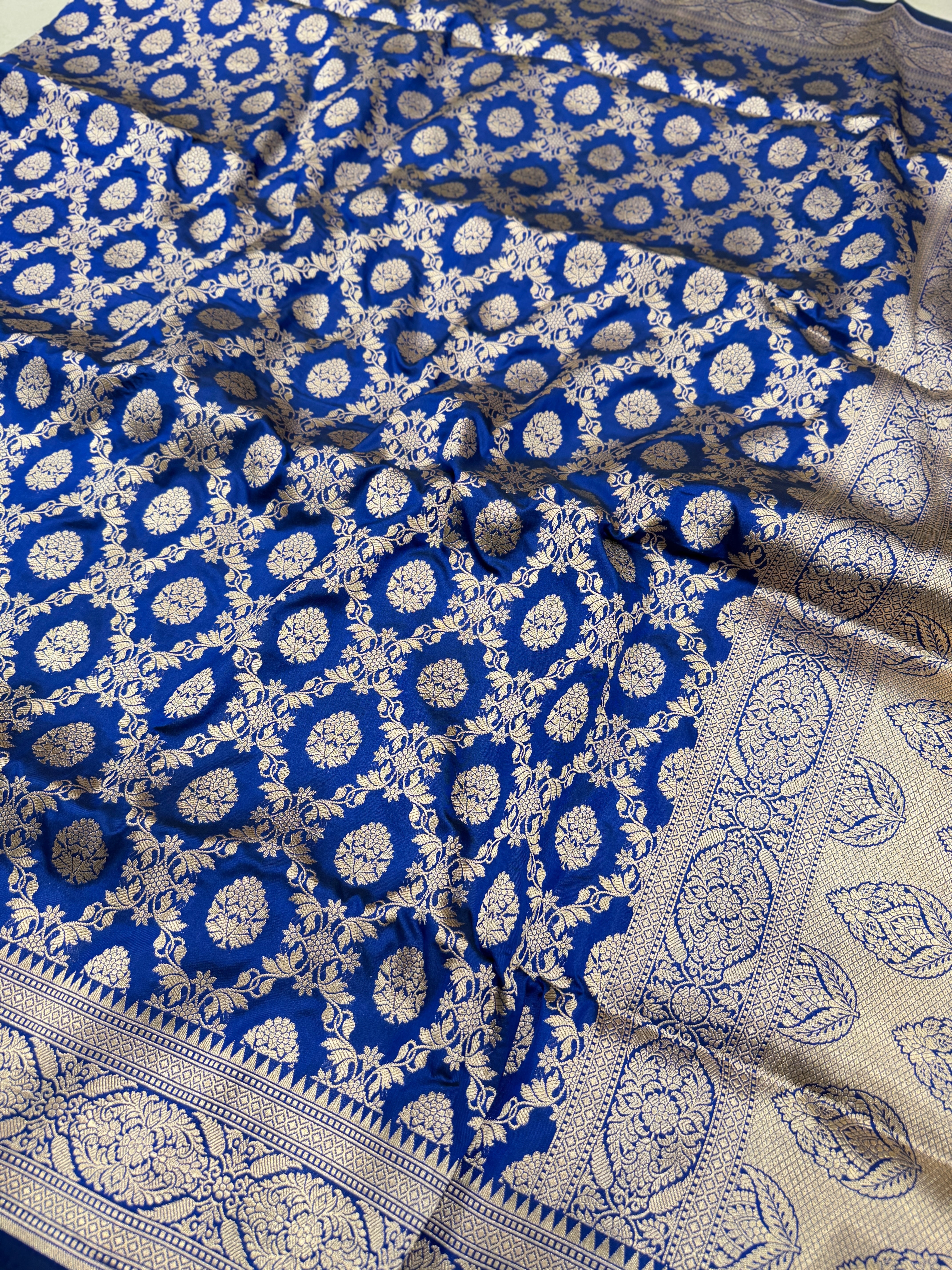 Blue Cross Jaal Handloom Banarasi Katan Silk Saree