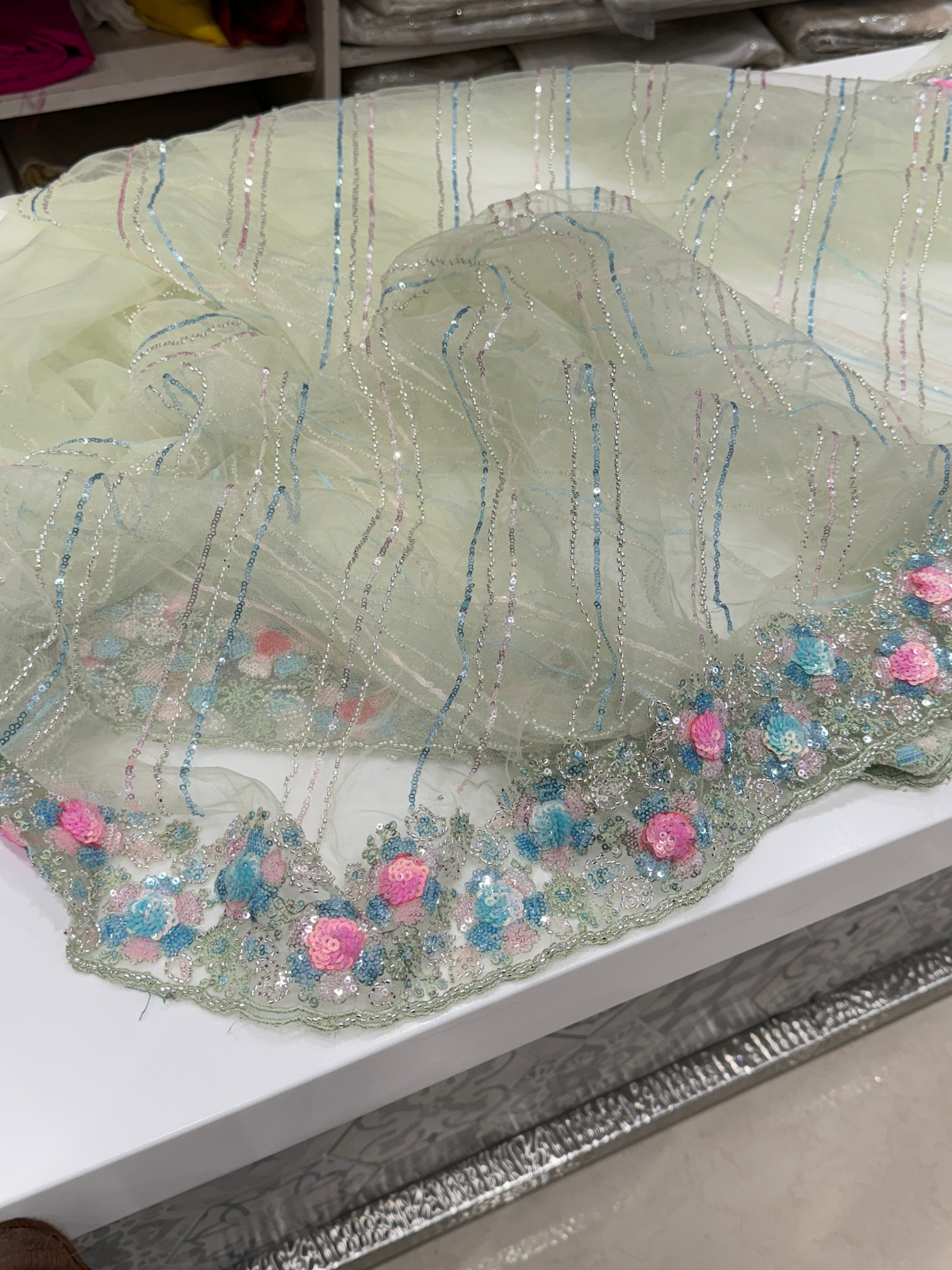 Pista Green Multi Sequin Net Hand Embroidery Saree