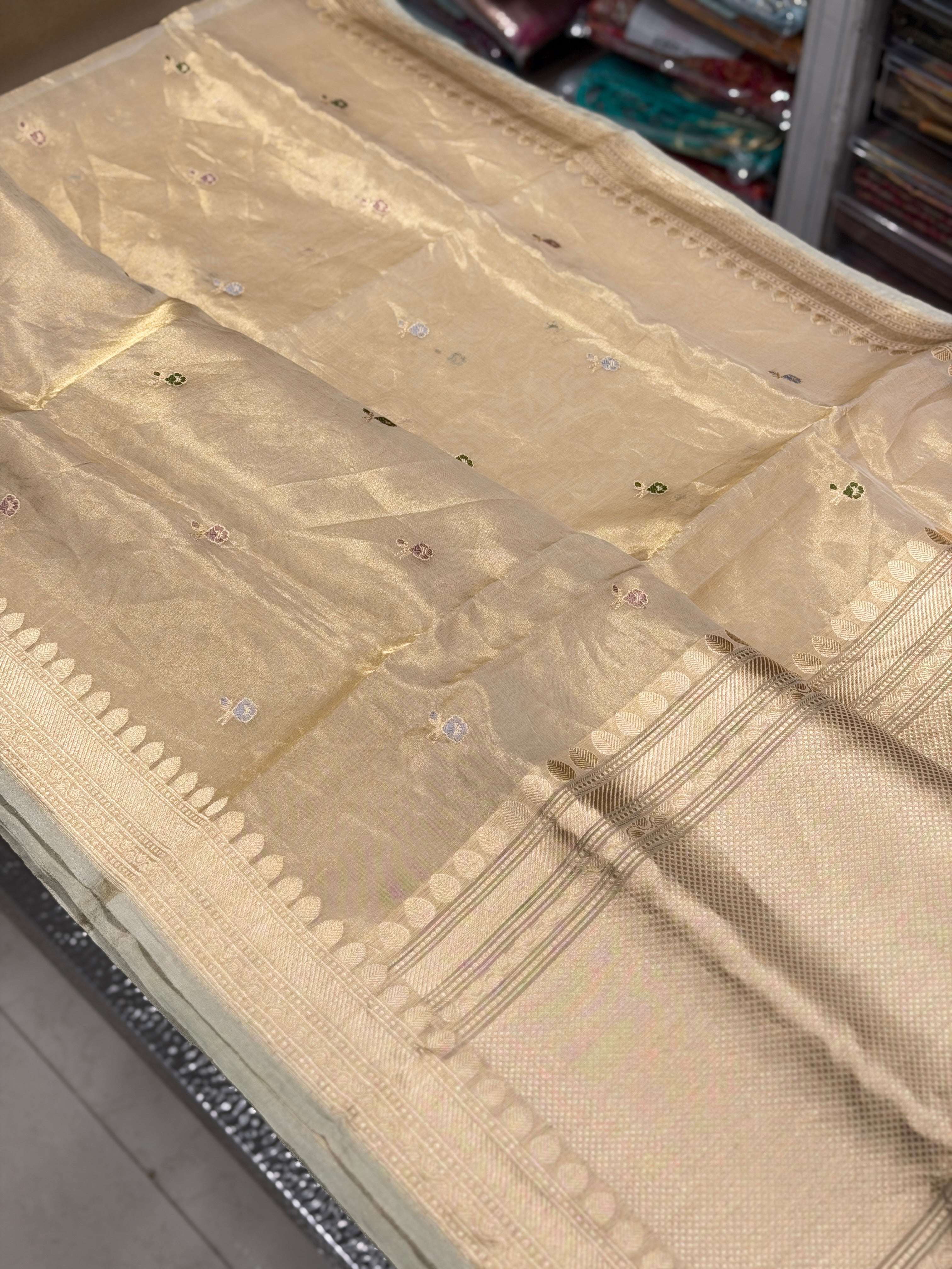 Beige Gold Tissue Banarasi Handloom Kadwa Buttis Saree