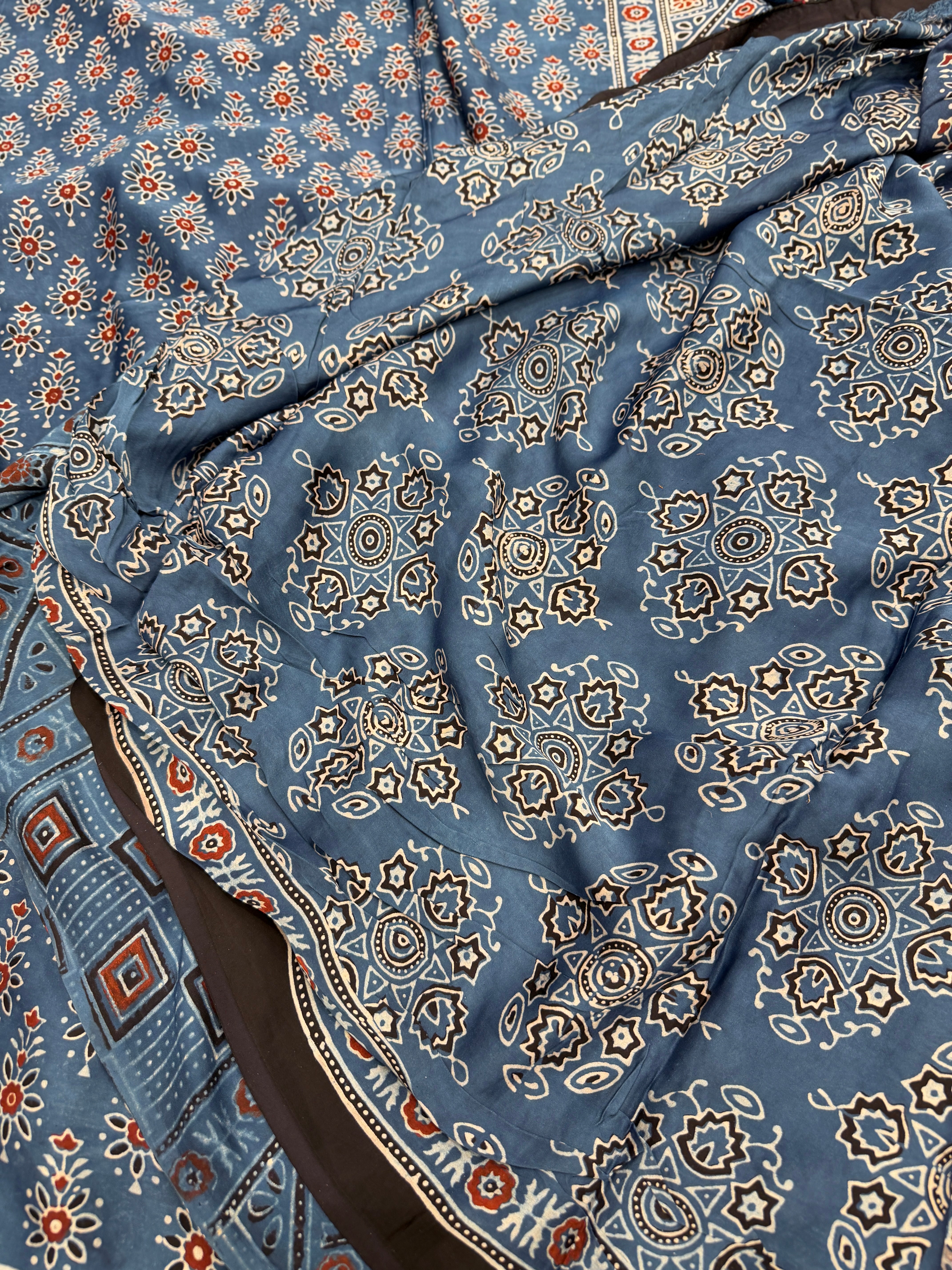 Blue Makkhi Buttis Ajrakh Hand Block Print Pure Gajji Silk Saree