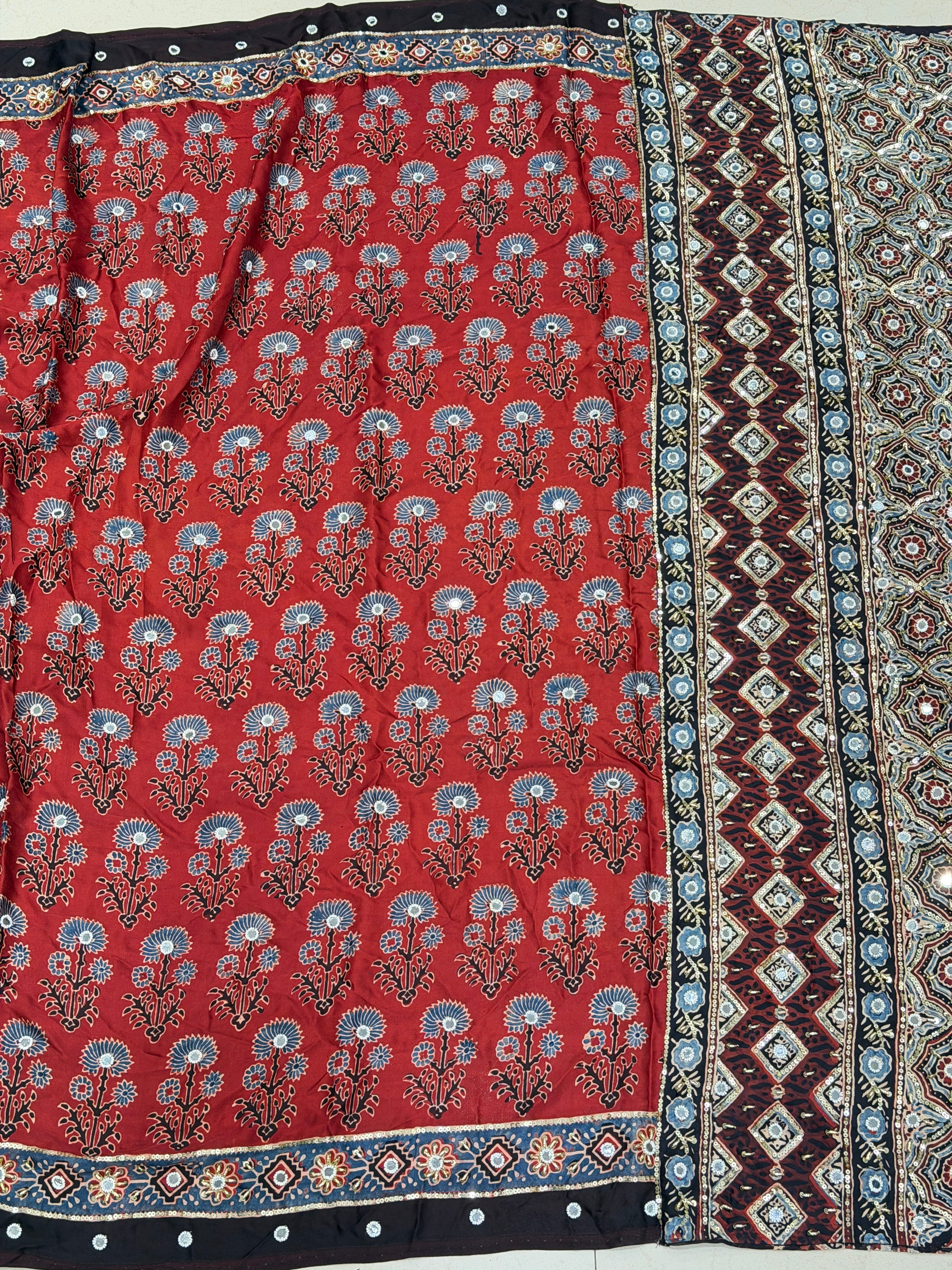 Red Black Three Floral Buttas Ajrakh Real Mirror Moti Sequin Hand Embroidery Saree