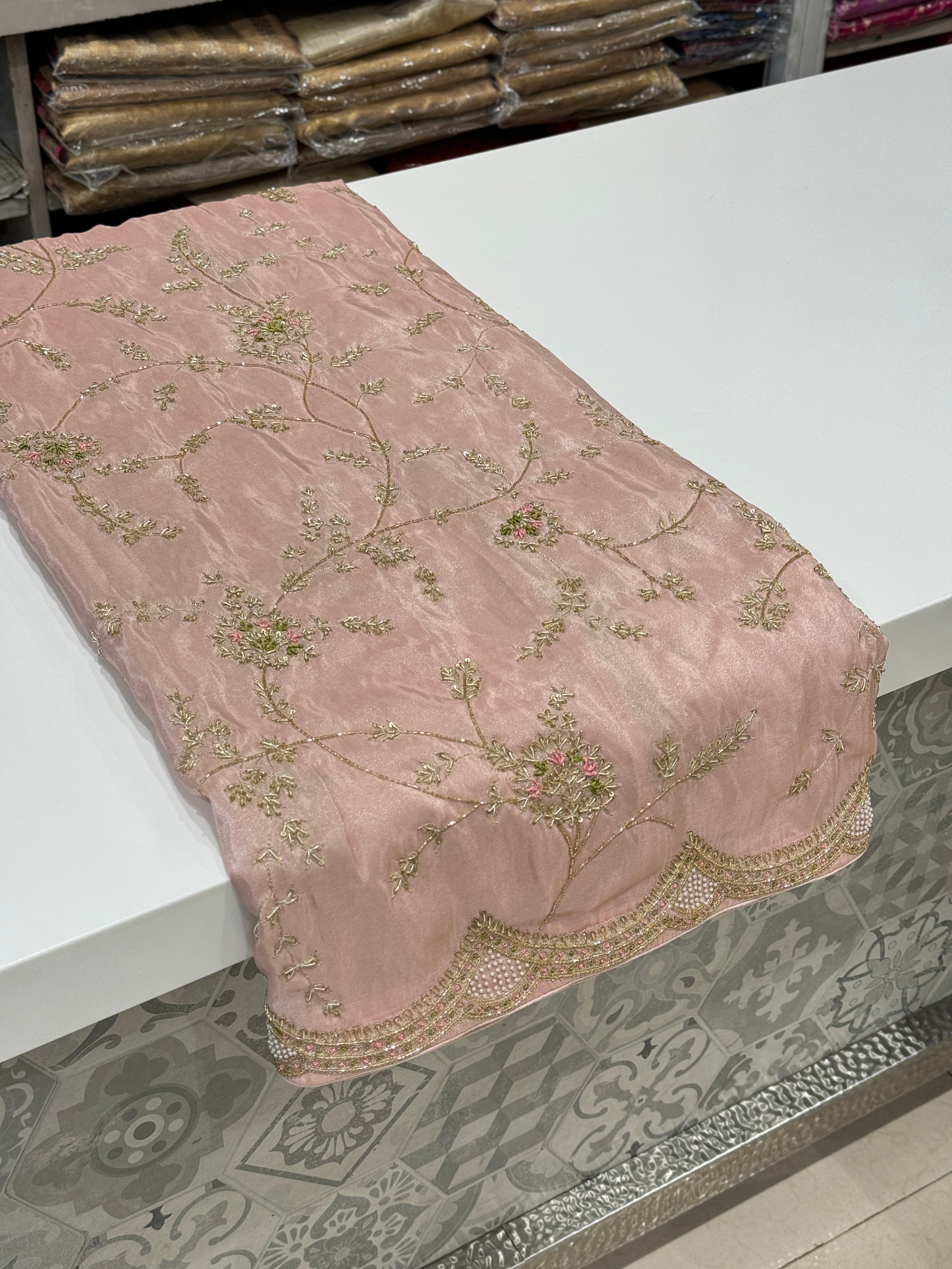 Pink Crepe Tissue Zardosi Resham Embroidery Saree