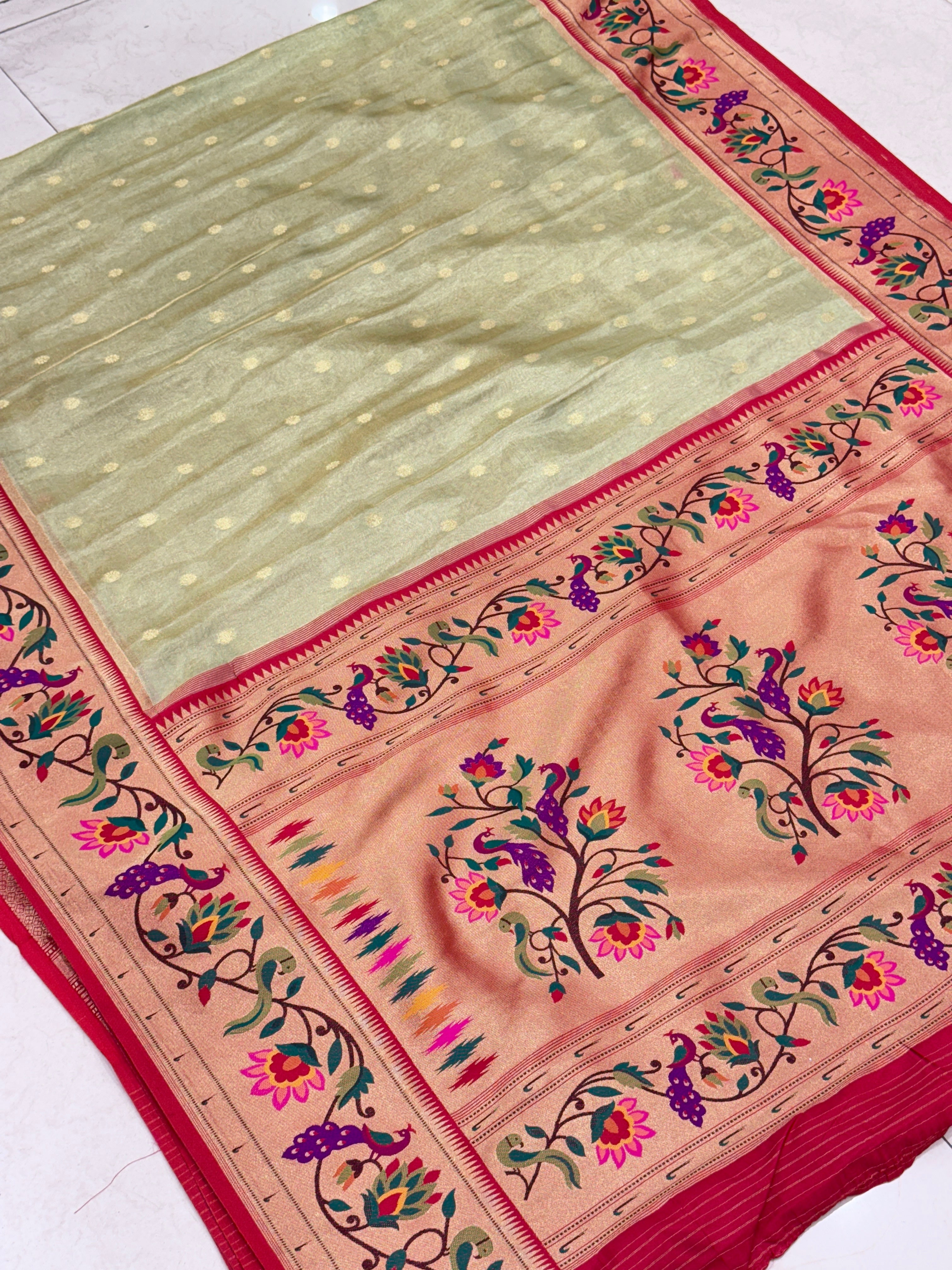 Pista Green Tissue Paithani Peacock Border Saree