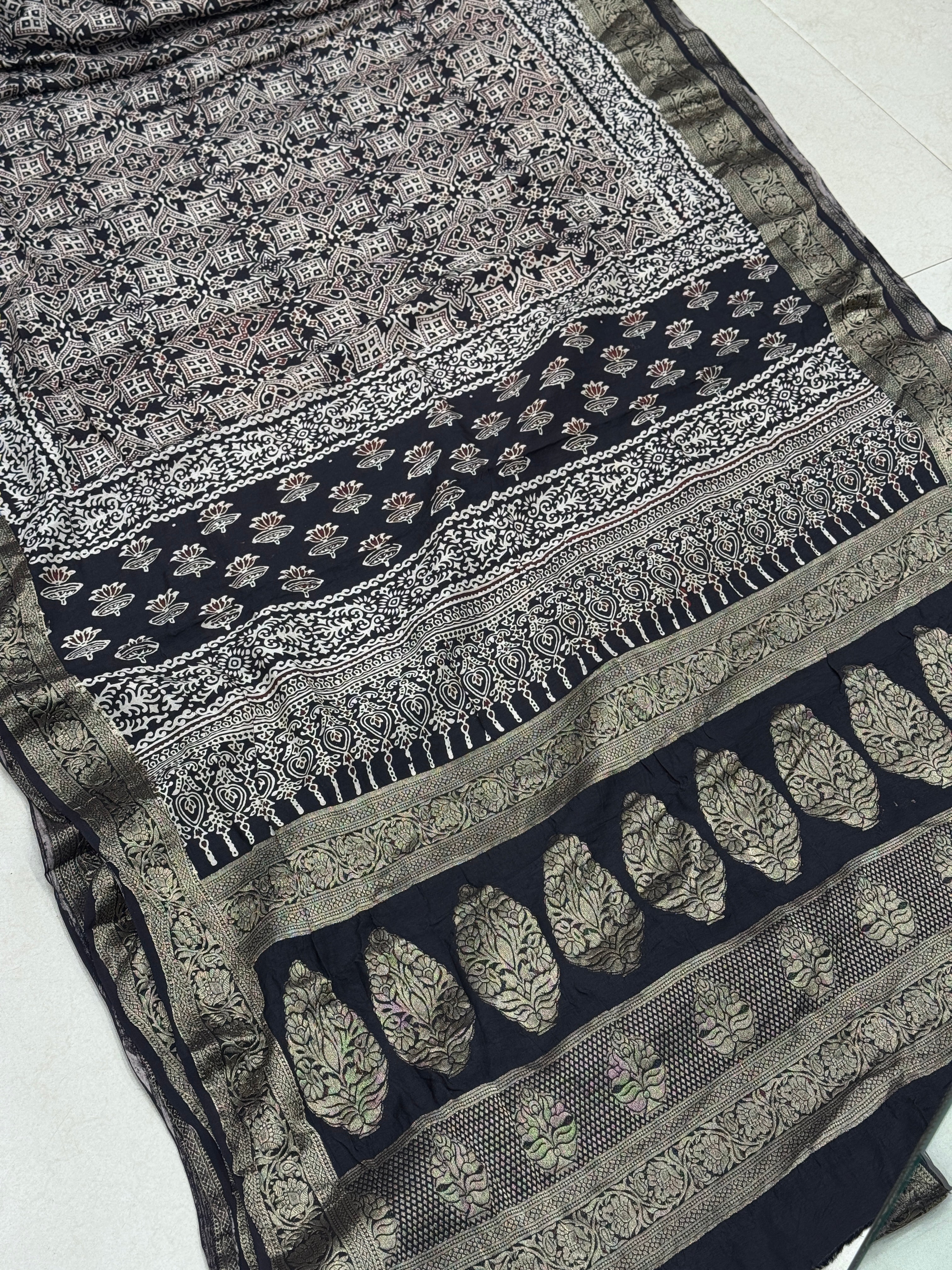 Black Ajrakh Border Pallu Weaved Hand Block Print Saree