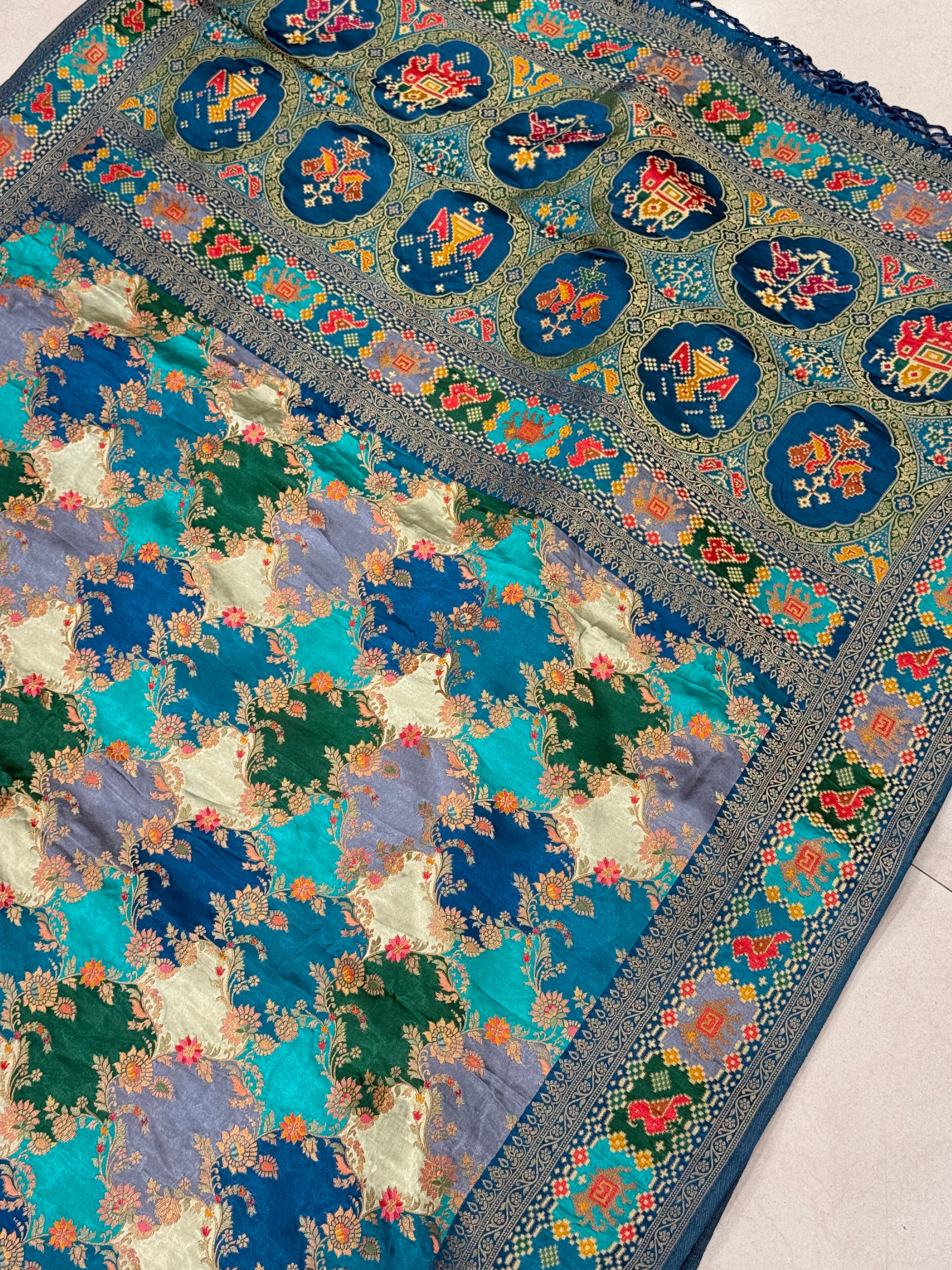 Rama Blue Banarasi Rangkat Fusion Patola Border Saree
