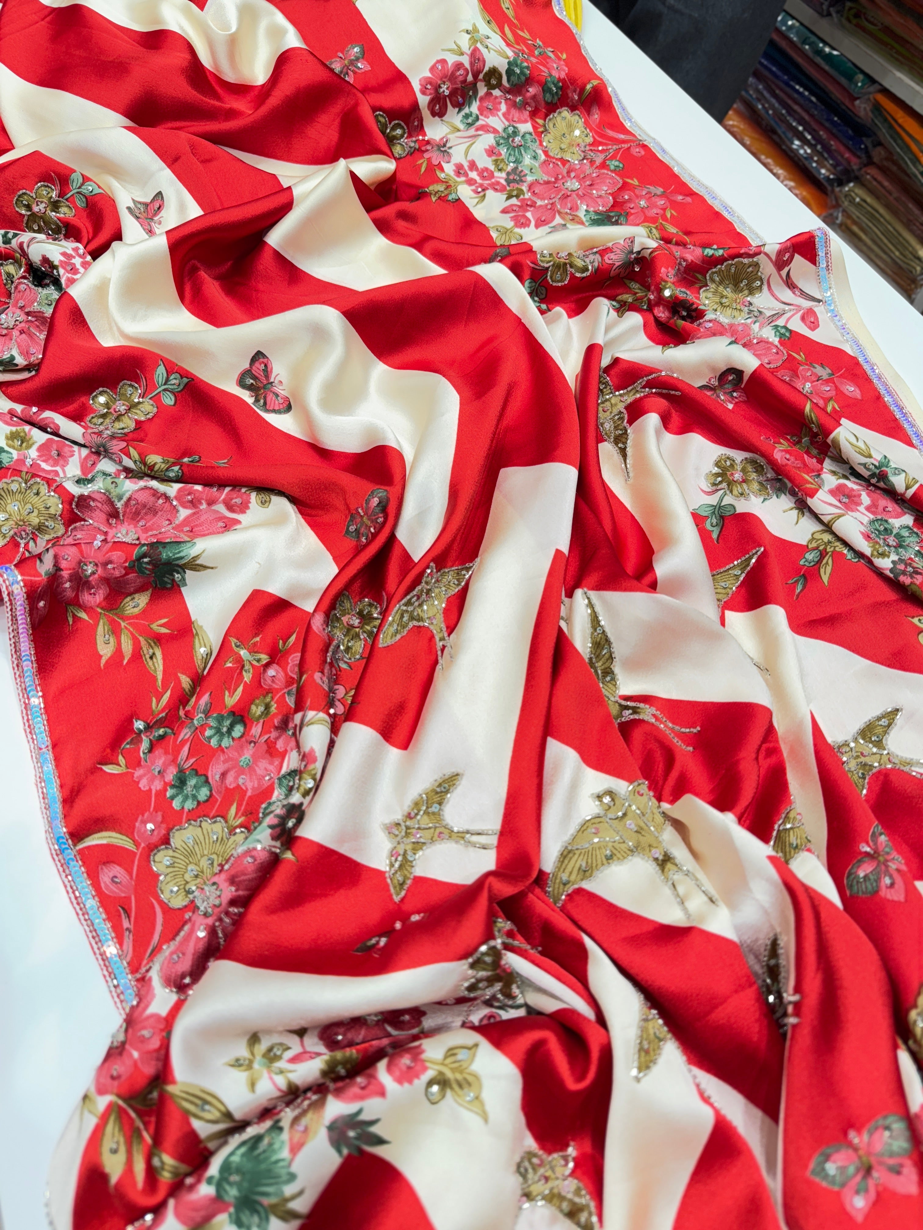 Trisha Krishnan Inspired Red Satin Hand Embroidery Saree