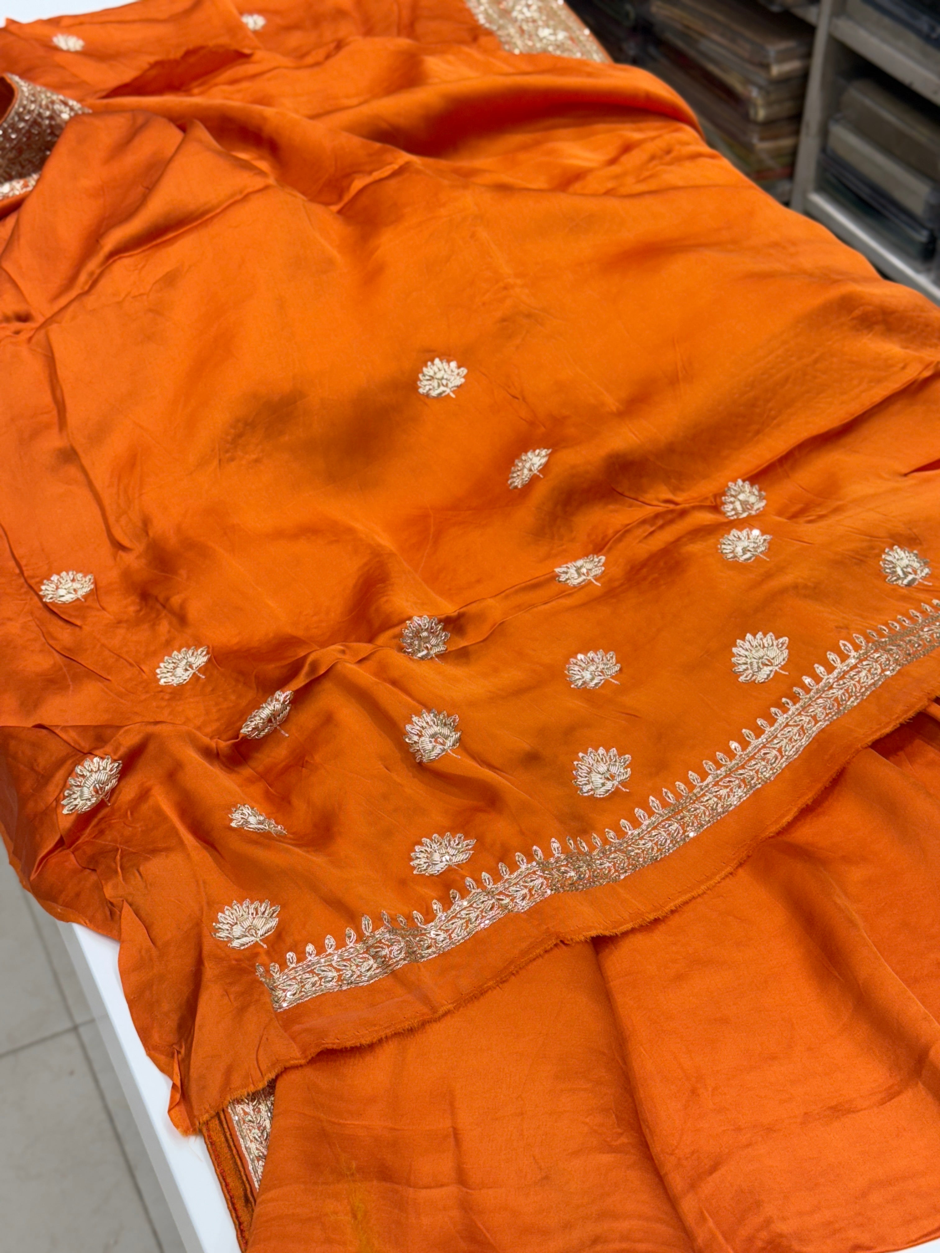 Rust Orange Buttis Pure Satin Hand Embroidery Zardosi Saree