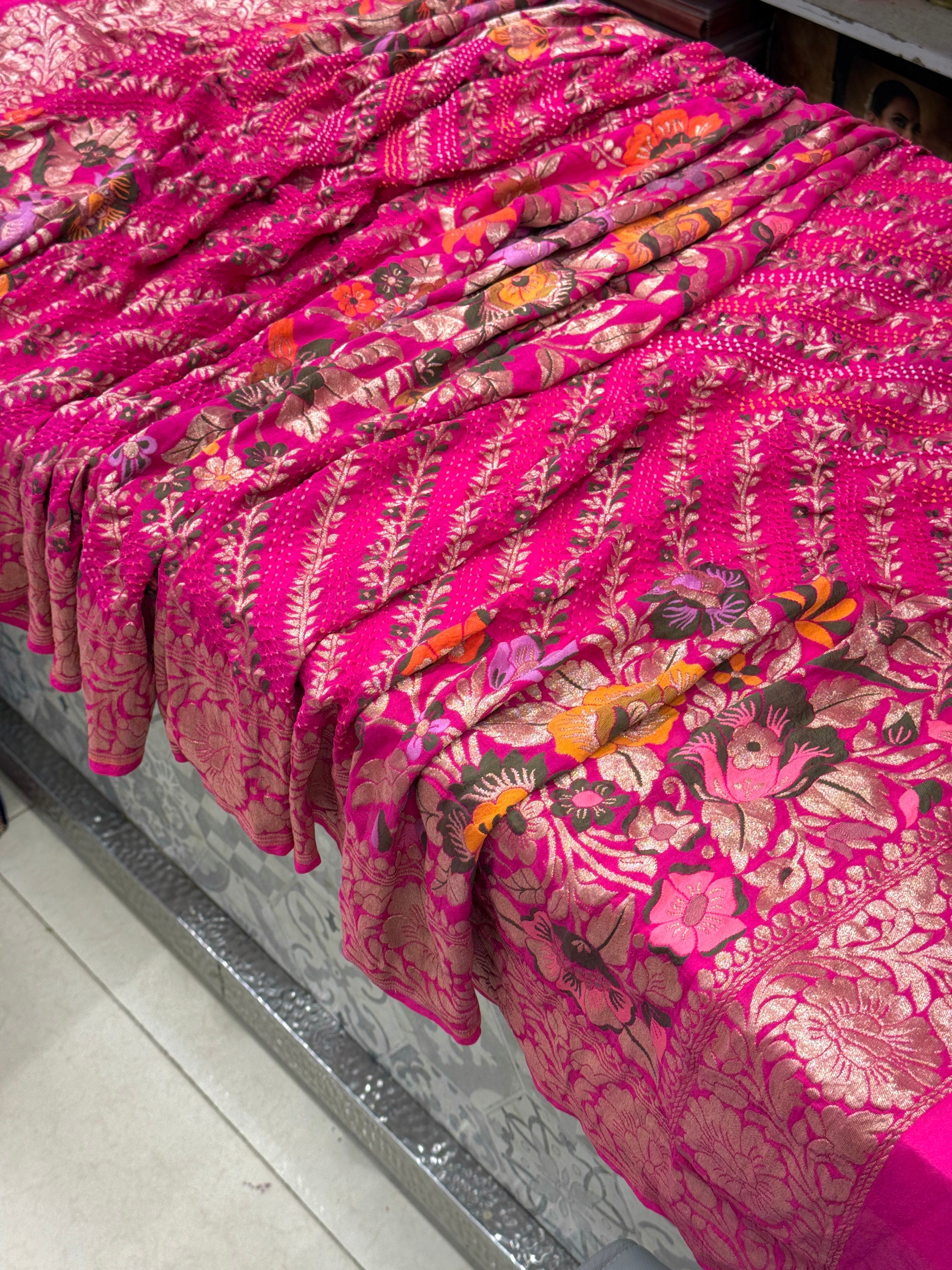 Rani Meenakari Floral Handloom Georgette Rai Bandhej Dupatta