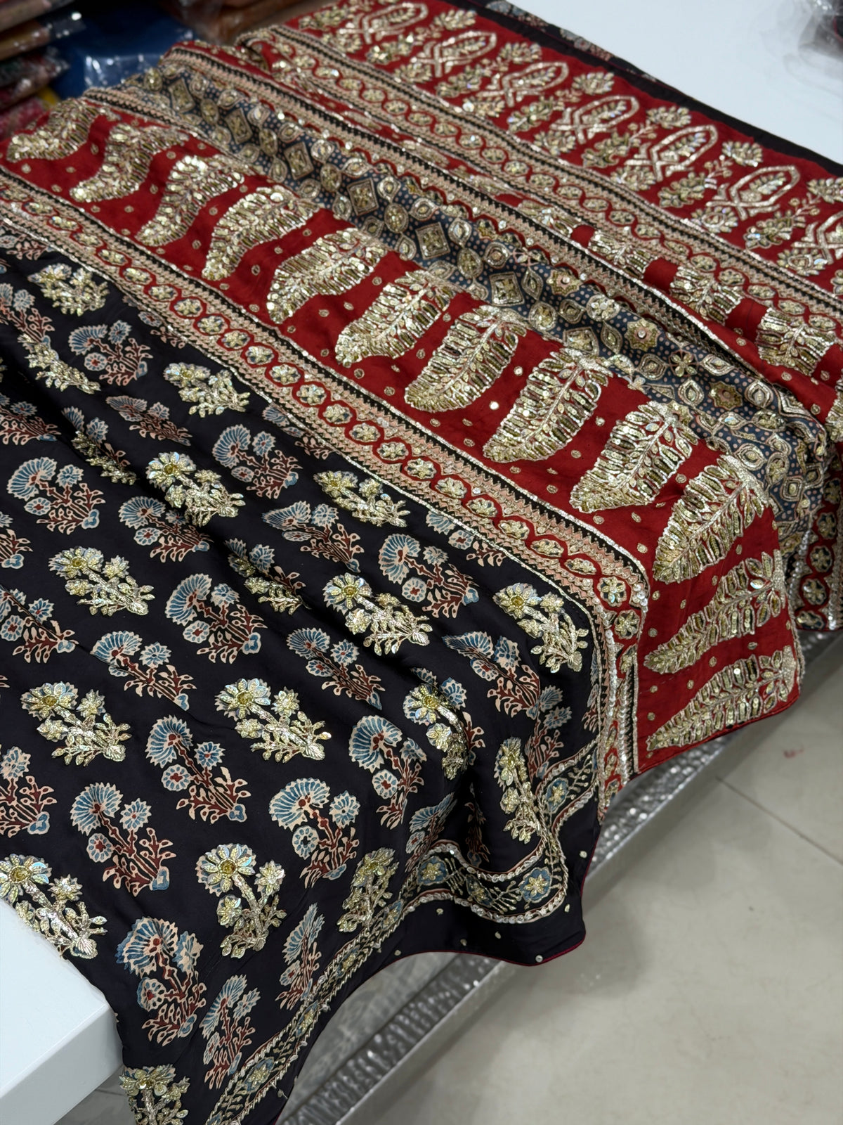 Black 3 Floral Butta Pita Zardosi Sequin Ajrakh Hand Embroidery Saree