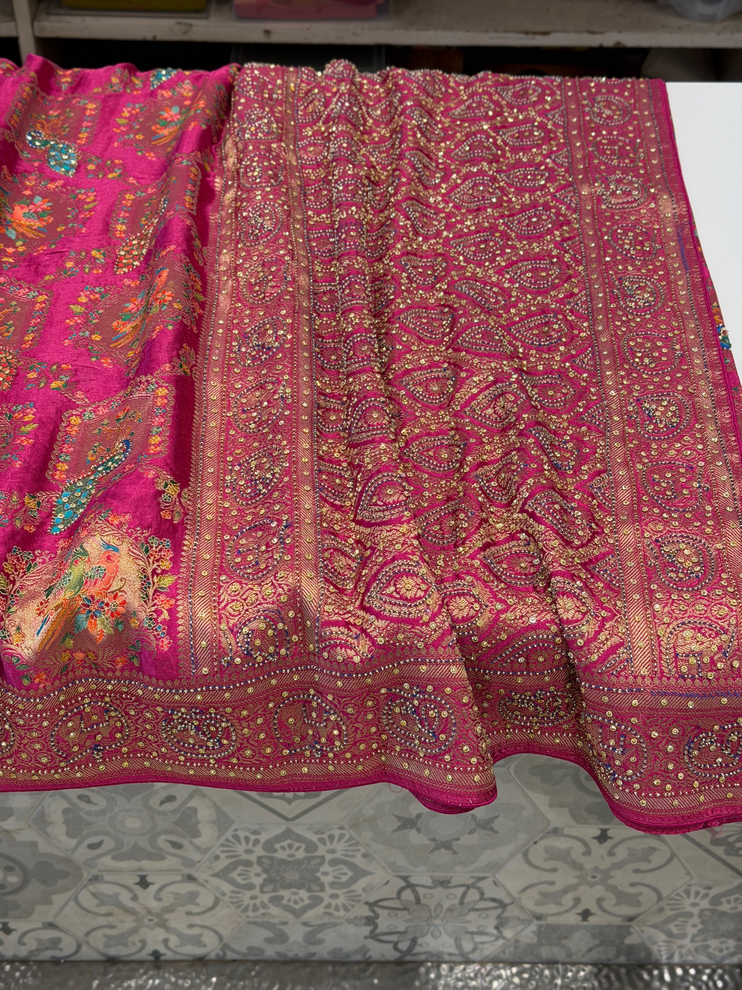 Wine Banarasi Modal Peacock Motif Kutchi Hand Embroidery Saree