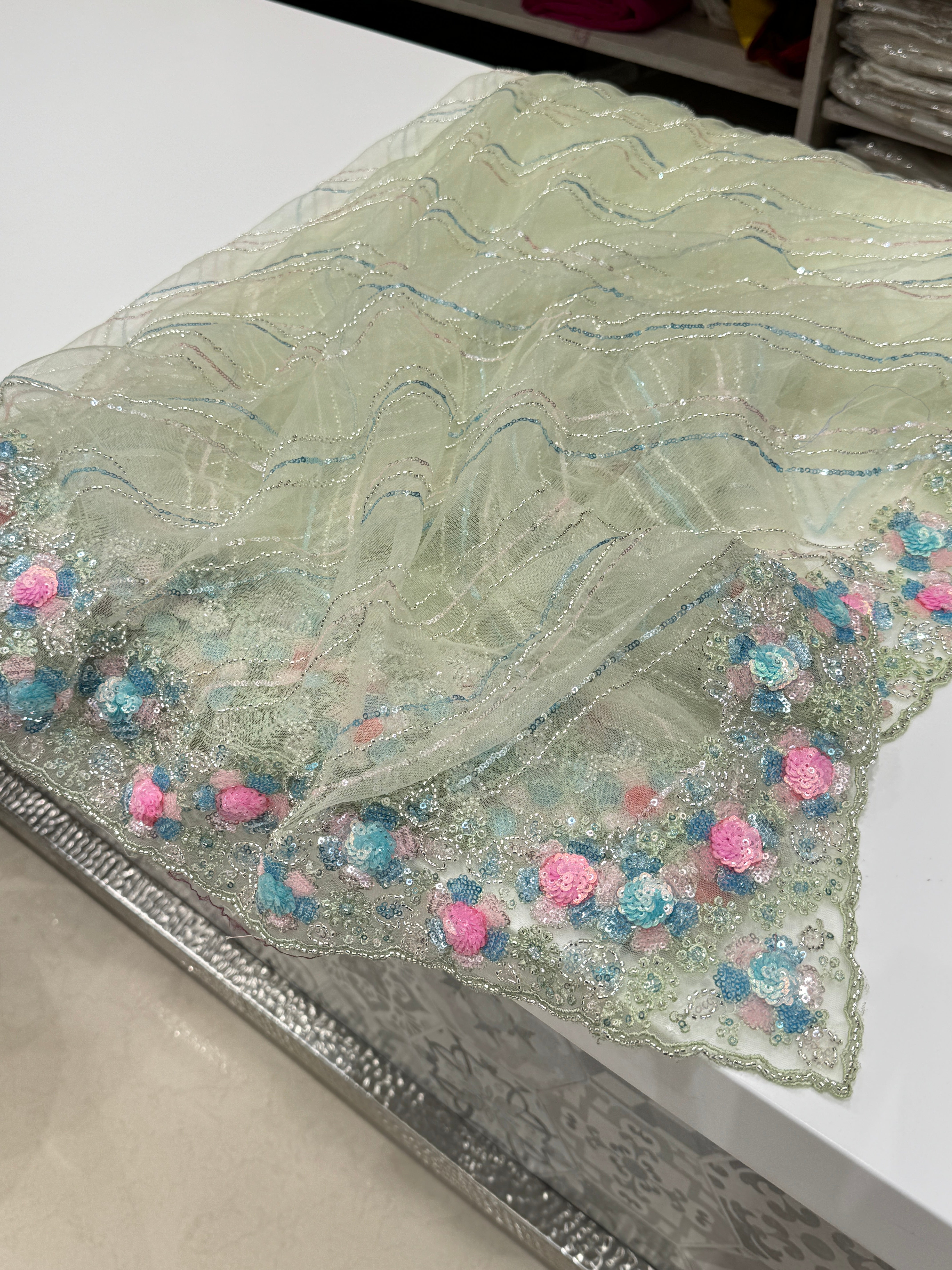 Pista Green Multi Sequin Net Hand Embroidery Saree