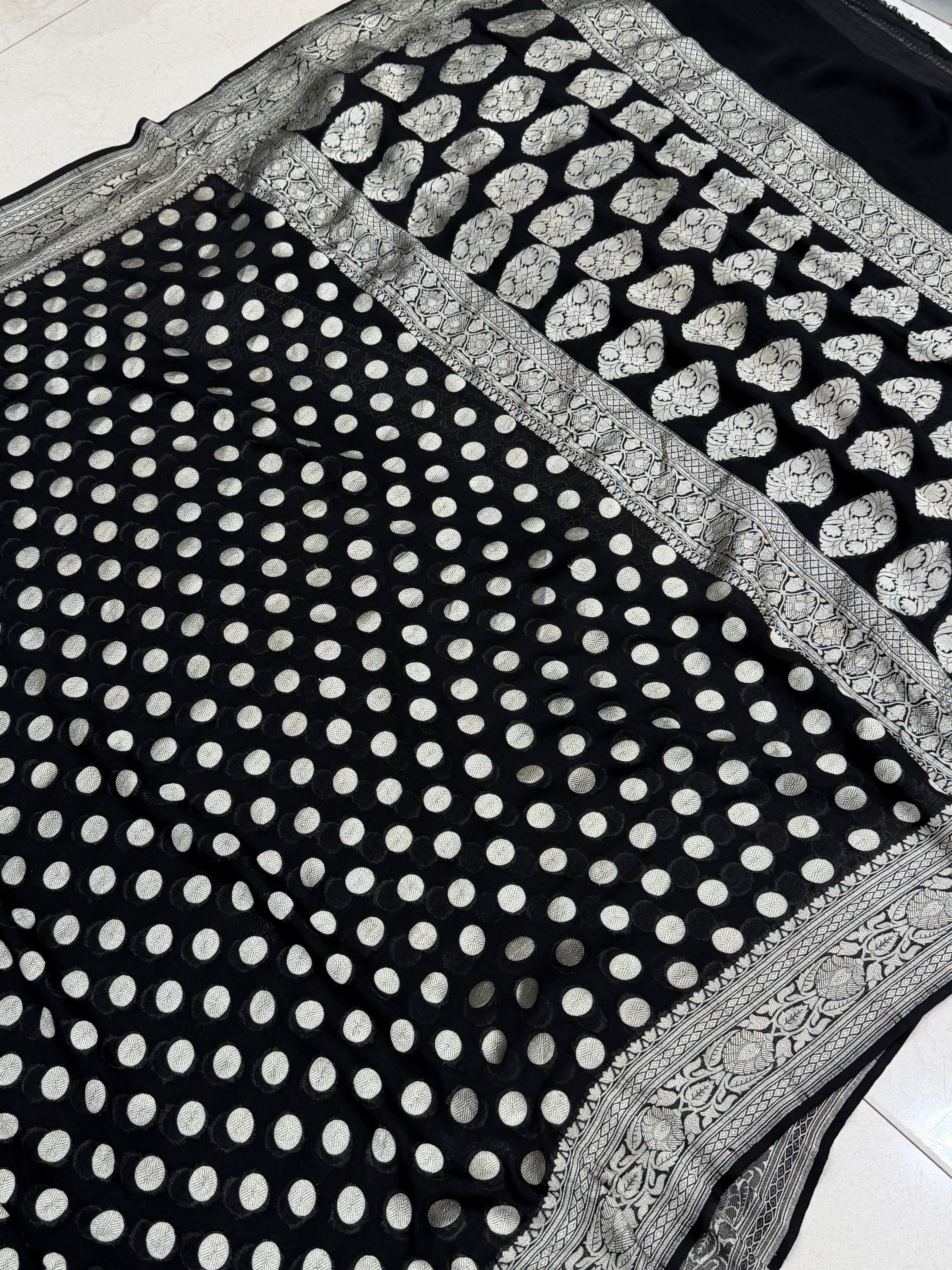 Black Dollar Buttis Handloom Banarasi Khaddi Georgette Saree