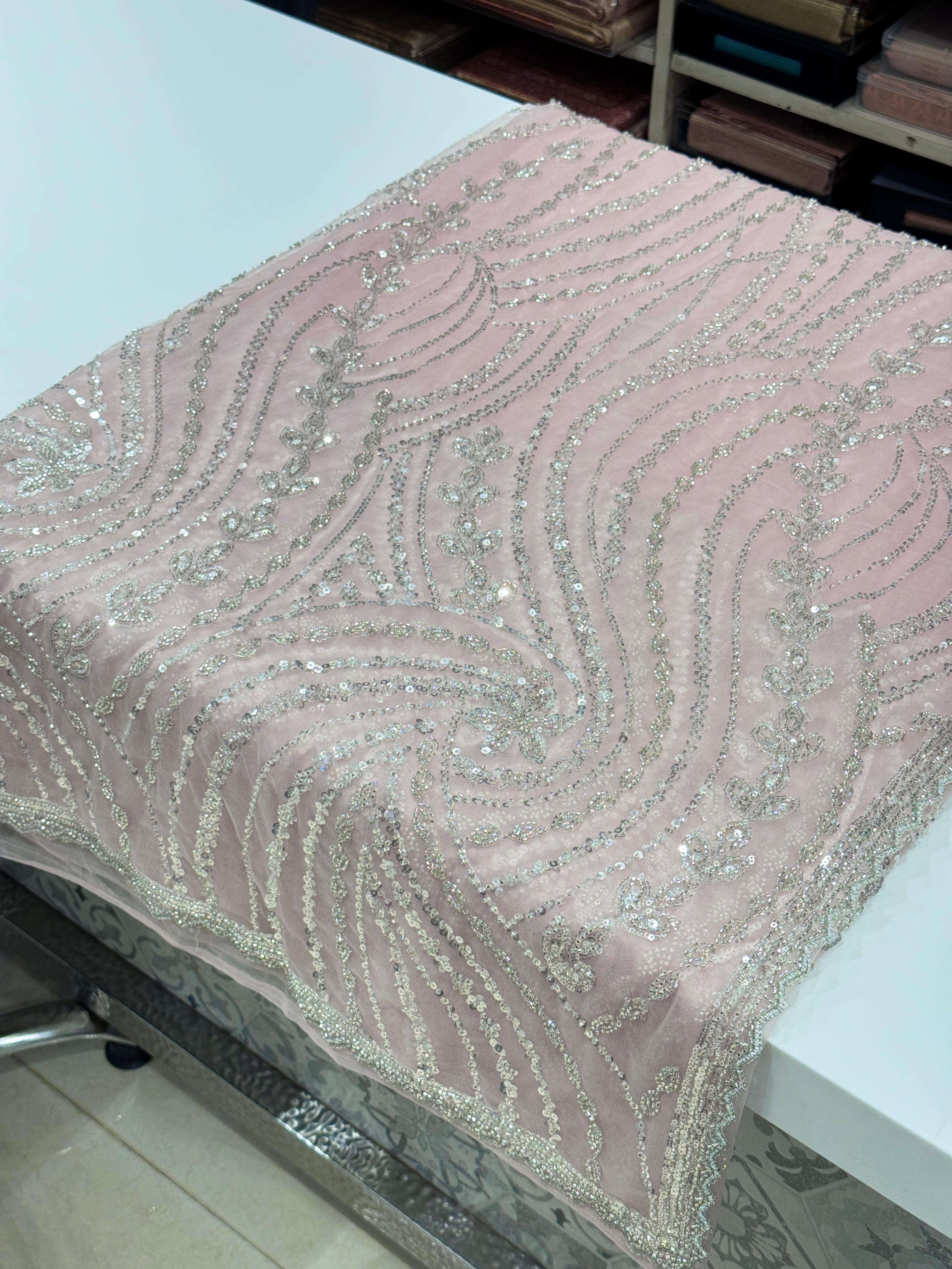 Pink Soft Net Sequin Moti Embroidery Saree