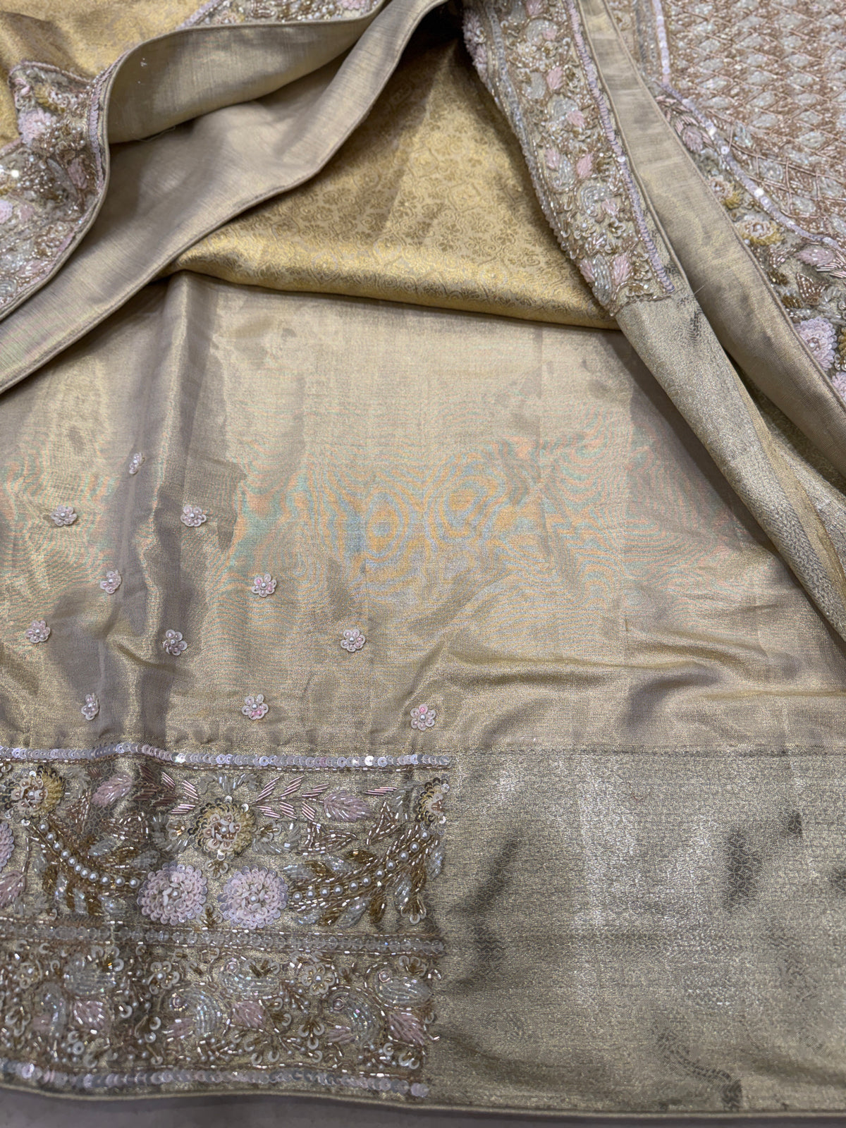 Golden Kanjivaram Moti Zardosi Hand Embroidery Saree