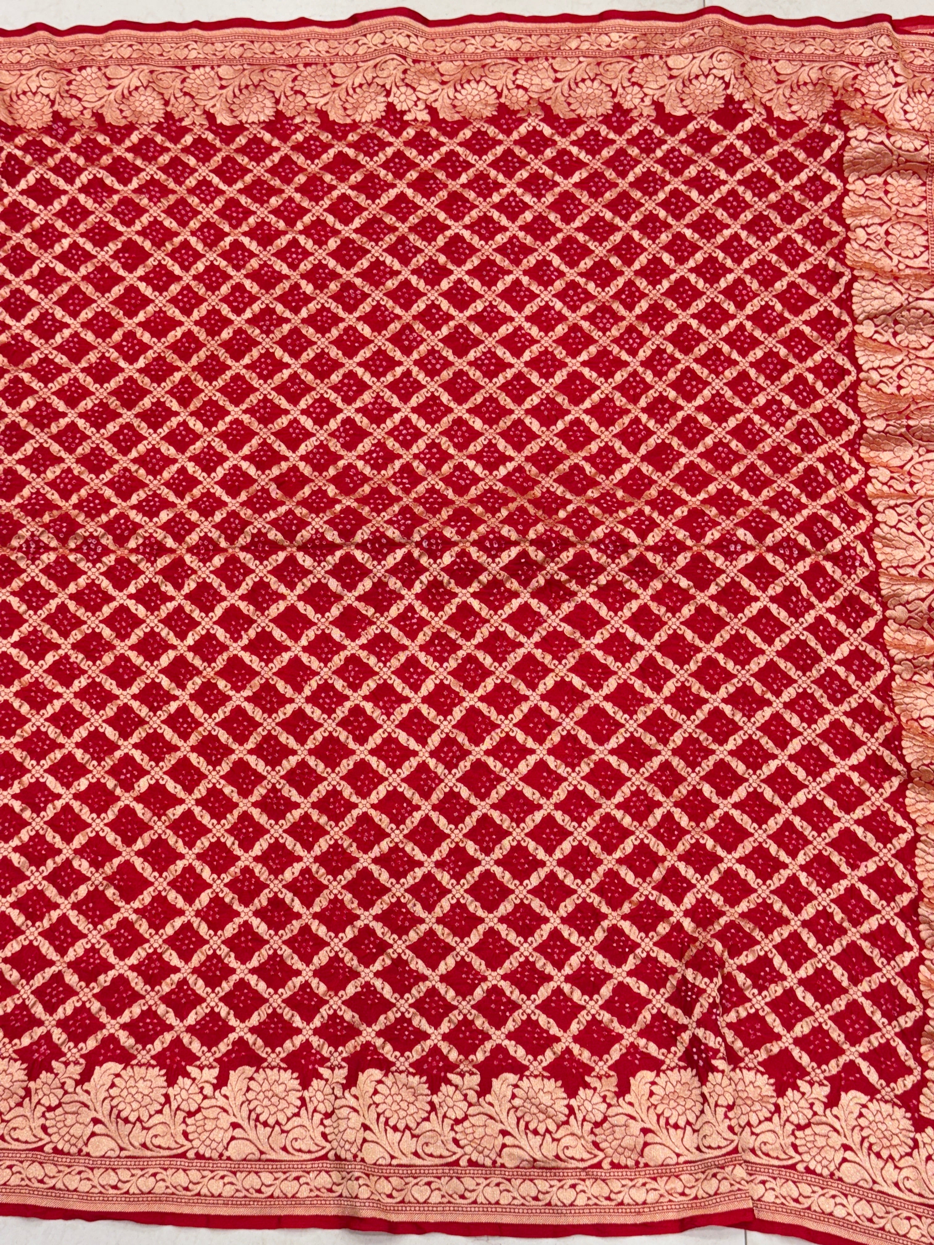 Red Double Floral Border Georgette Handloom Bandhej Bandhini Saree