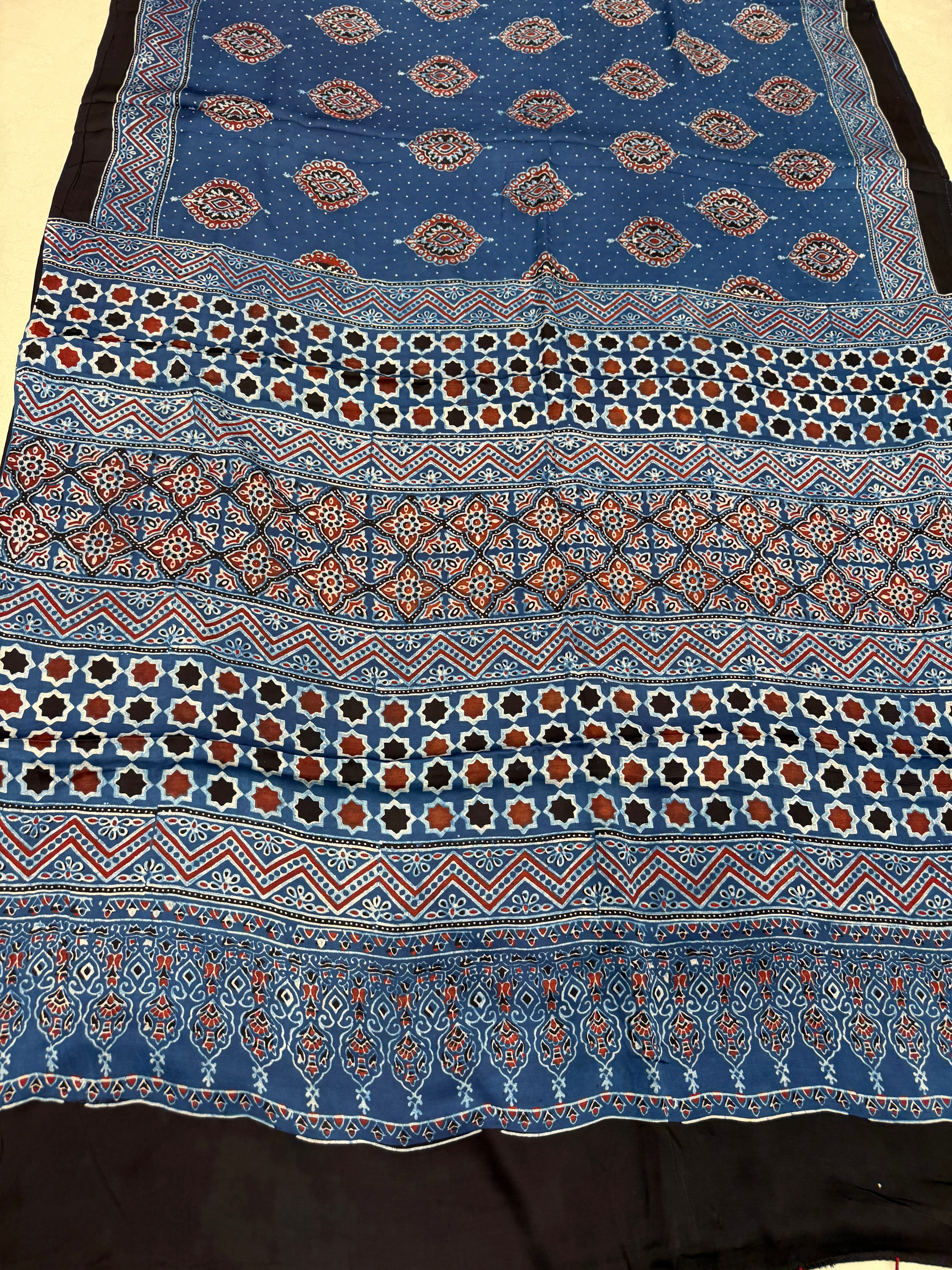 Blue Badam Butta Ajrakh Hand Block Print Pure Gajji Silk Saree