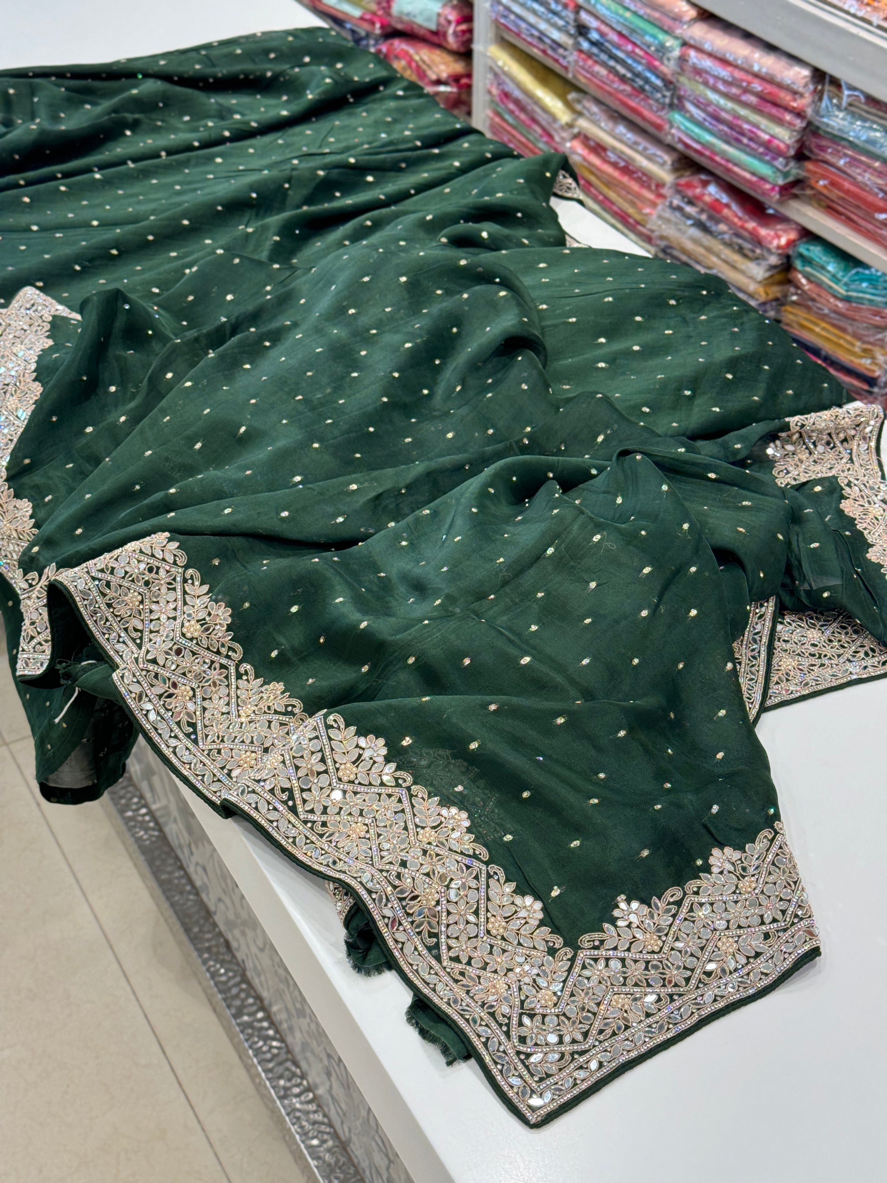 Bottle Green Satin Organza with Mirror Embroidery