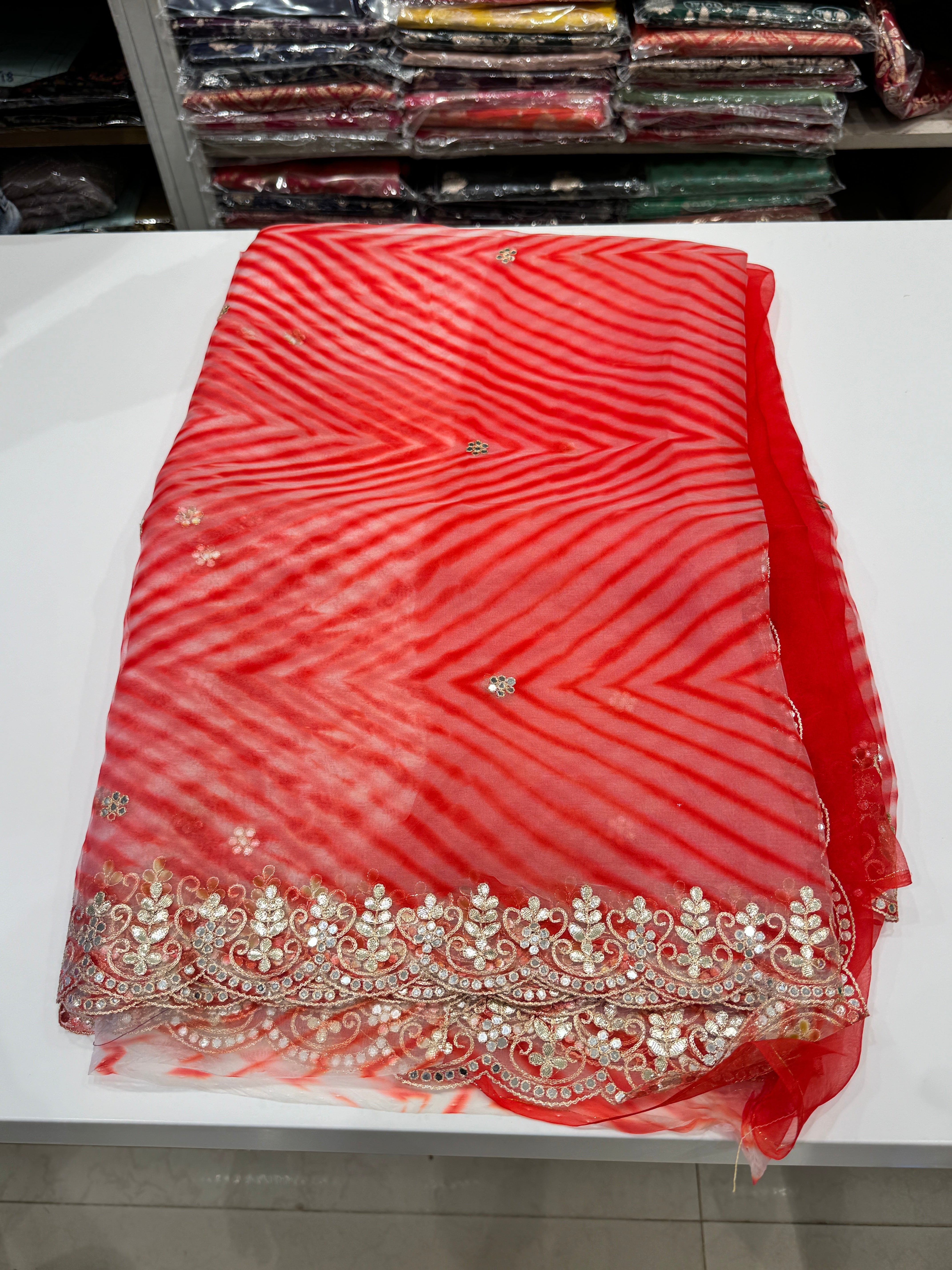 Orangish Red Organza Leheriya Saree