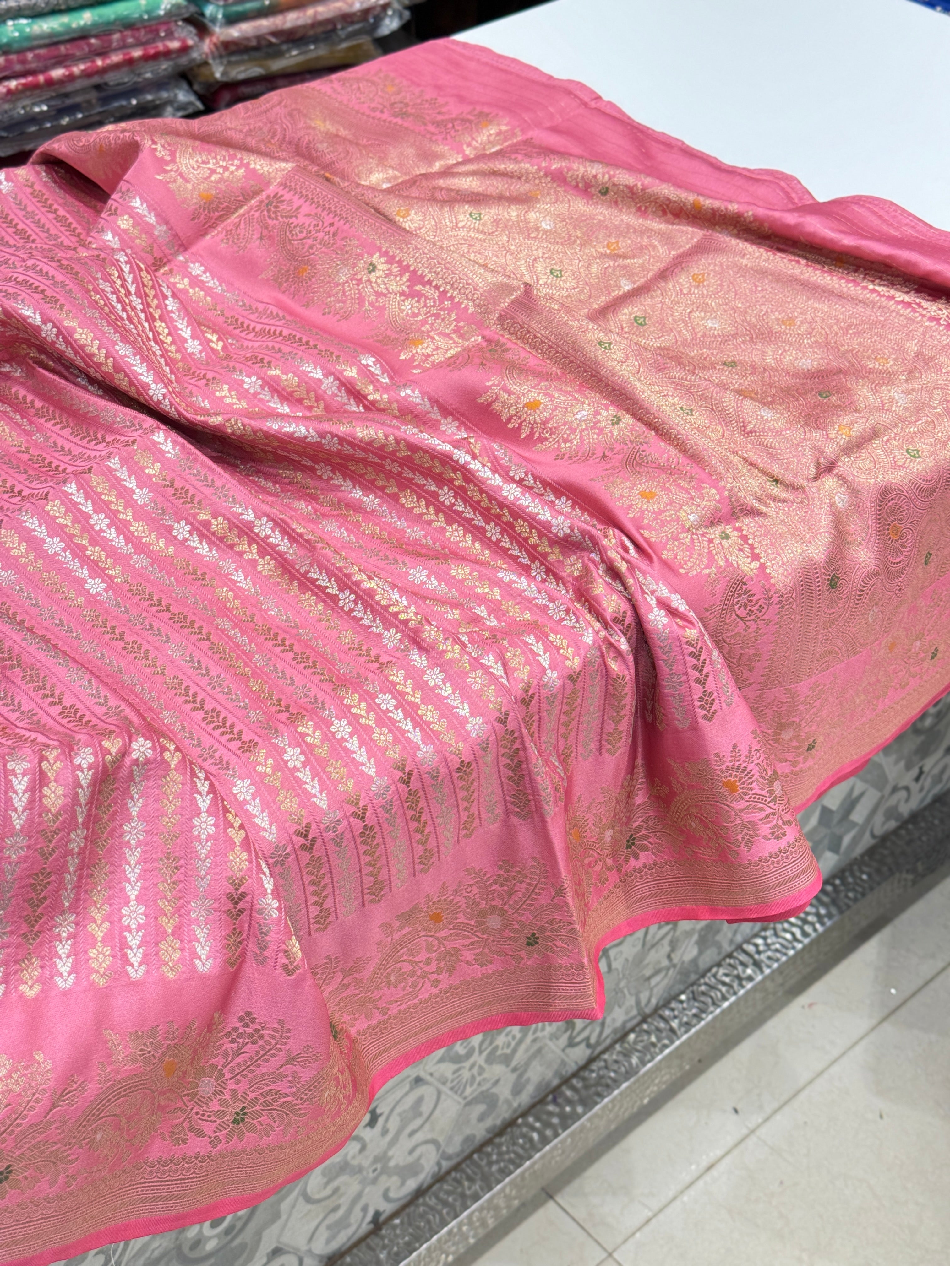 Pink Banarasi Line Weave Saree