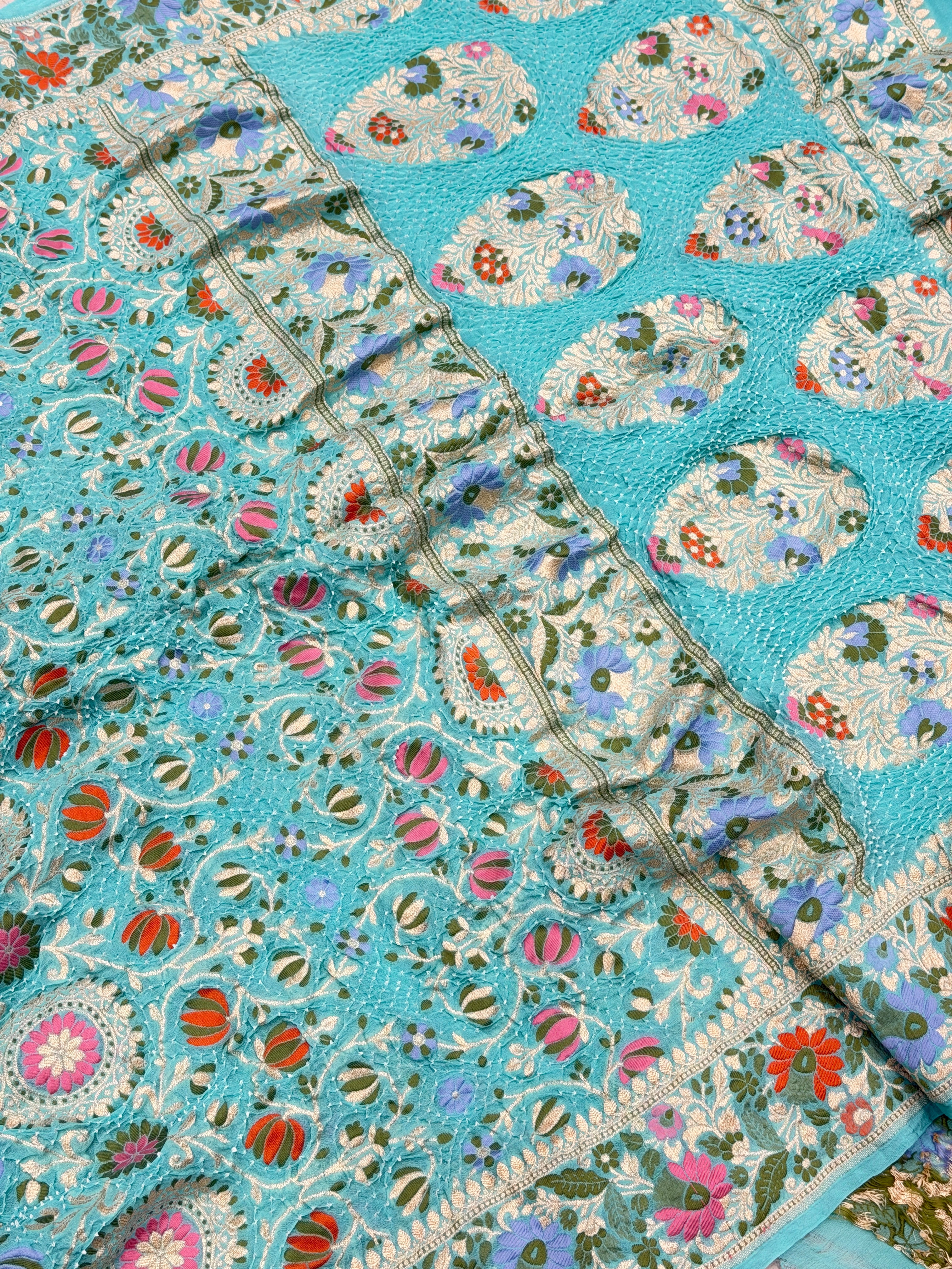 Turquoise Meenakari Jaal Pure Handloom Georgette Bandhej Georgette Saree