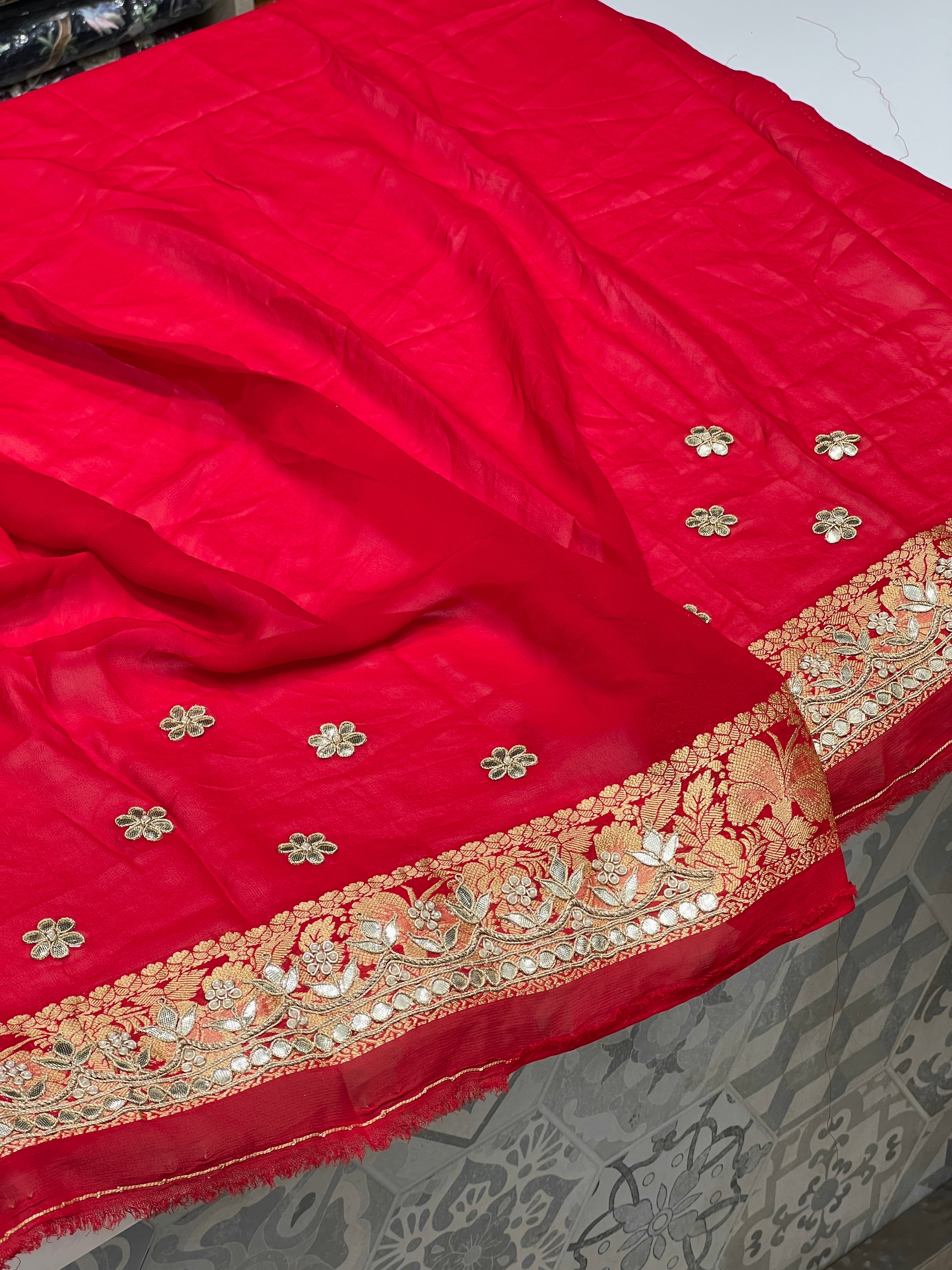 Red Woven Bandhej Half n Half Gotapatti Saree