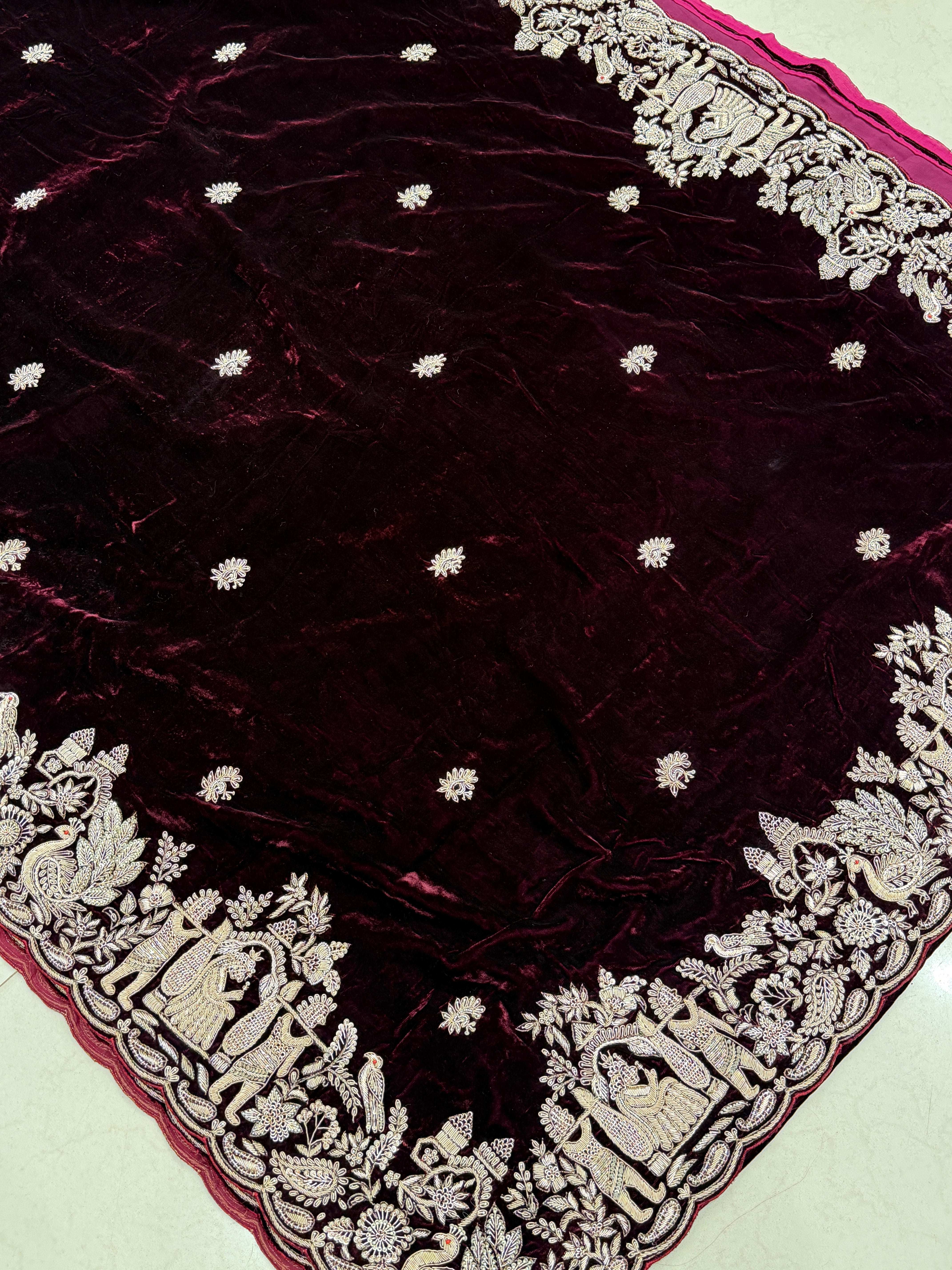 Pure Velvet Zardosi Doli Edit Hand Embroidery Saree