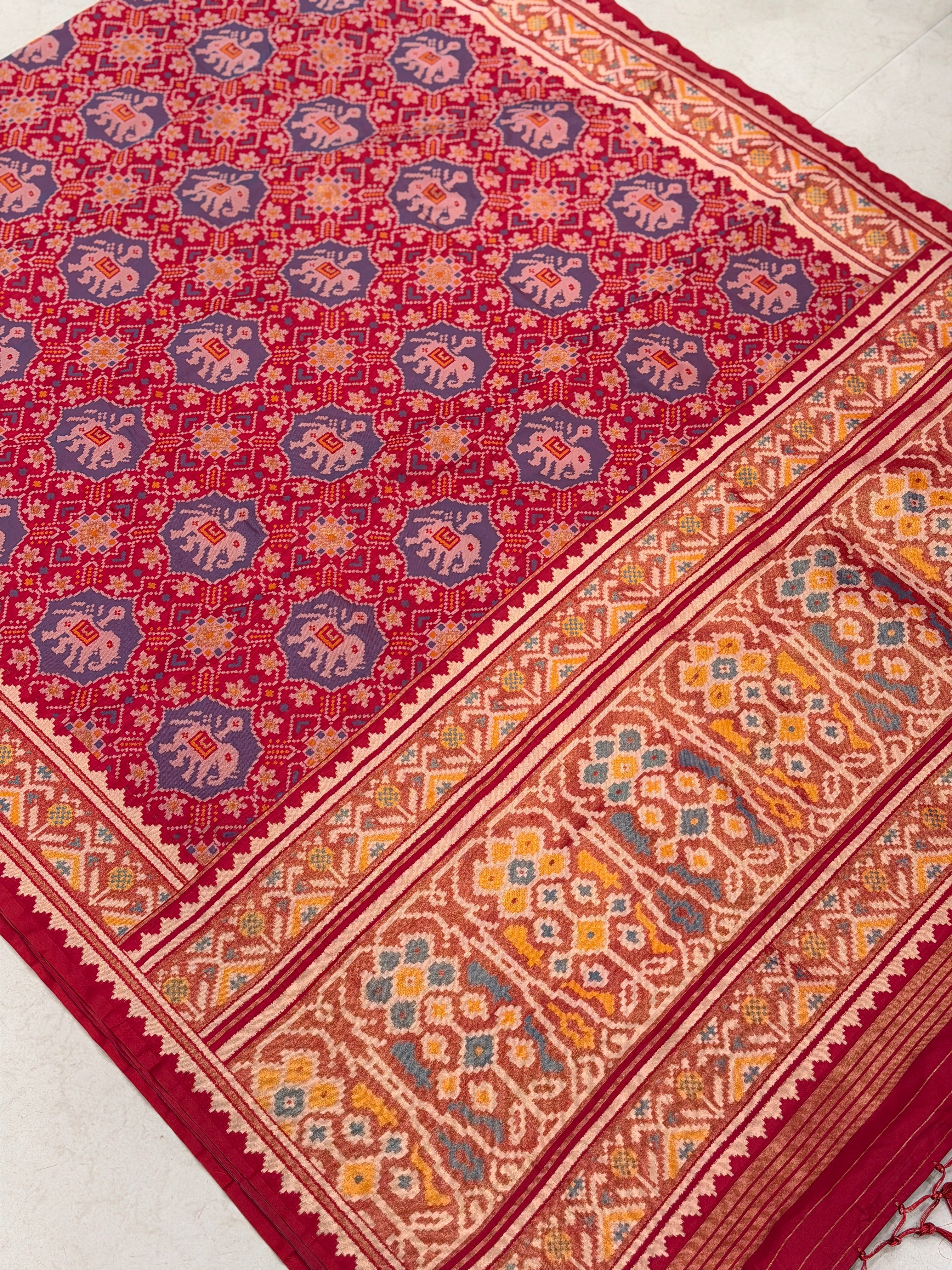 Red Nari Kunjar Elephant Motif Semi Silk Weaved Patan Patola Saree