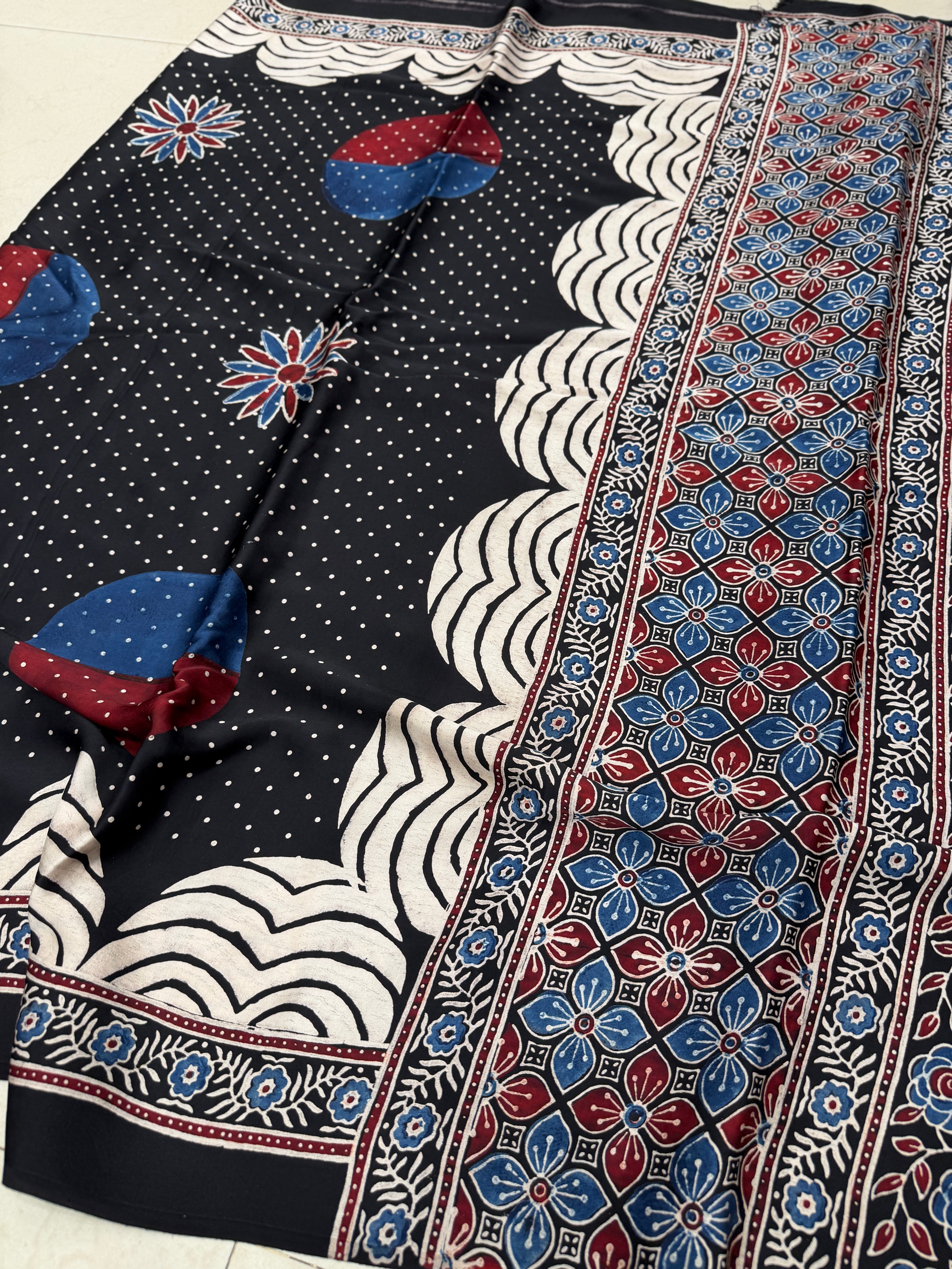 Black Sprinkled Dotts Ajrakh Hand Block Print Pure Modal Silk Saree