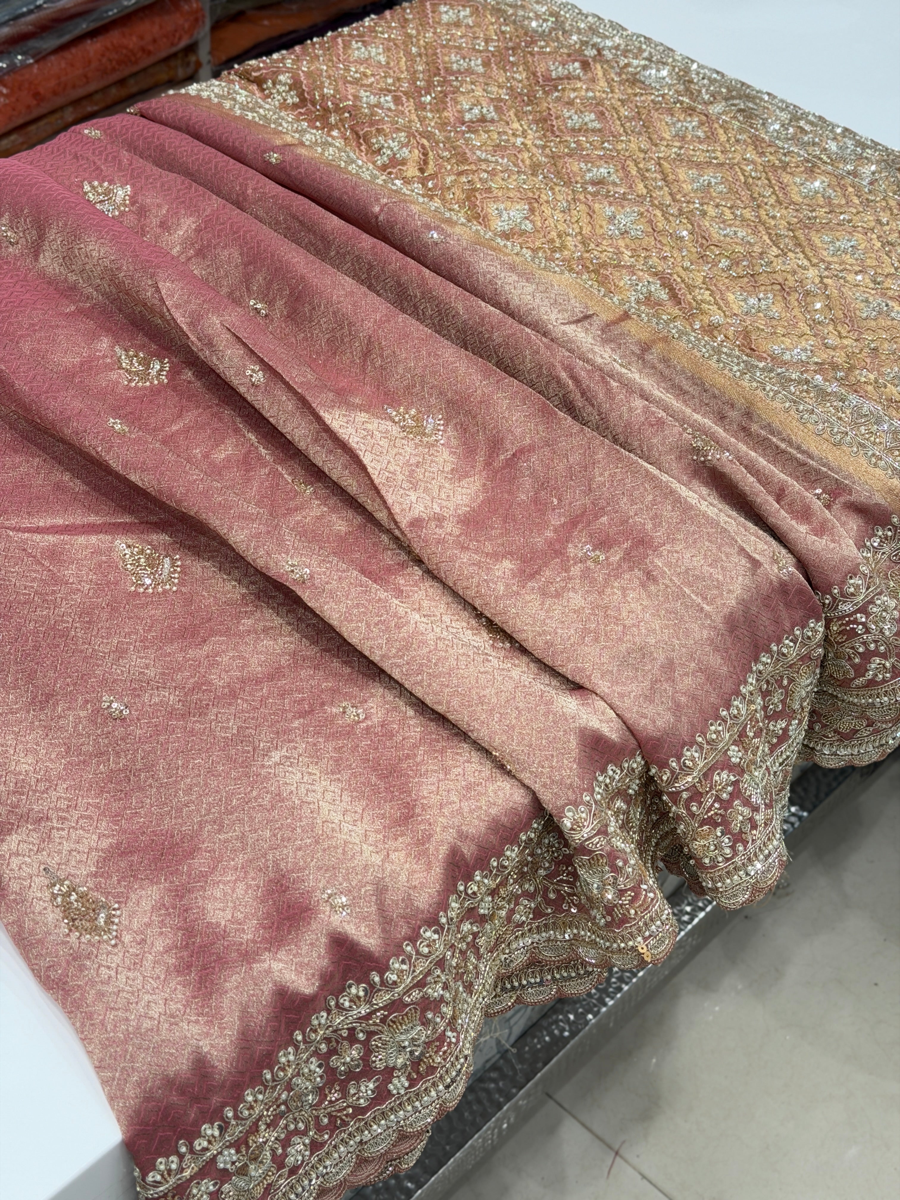 Light Pink Crepe Tissue Weaved Moti Cutana Embroidery Saree