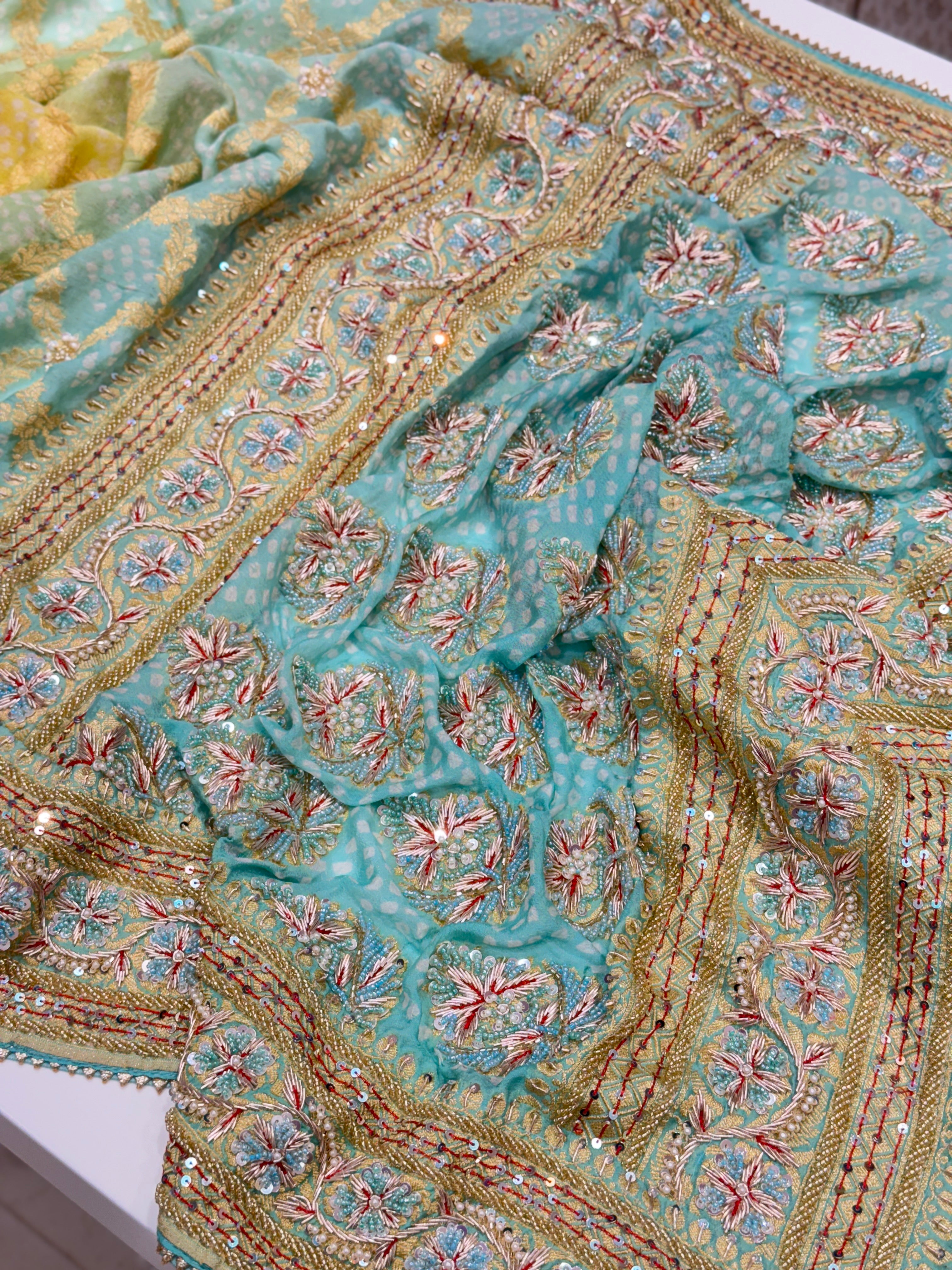 Pastel Shaded Bandhej Hand Embroidery Saree