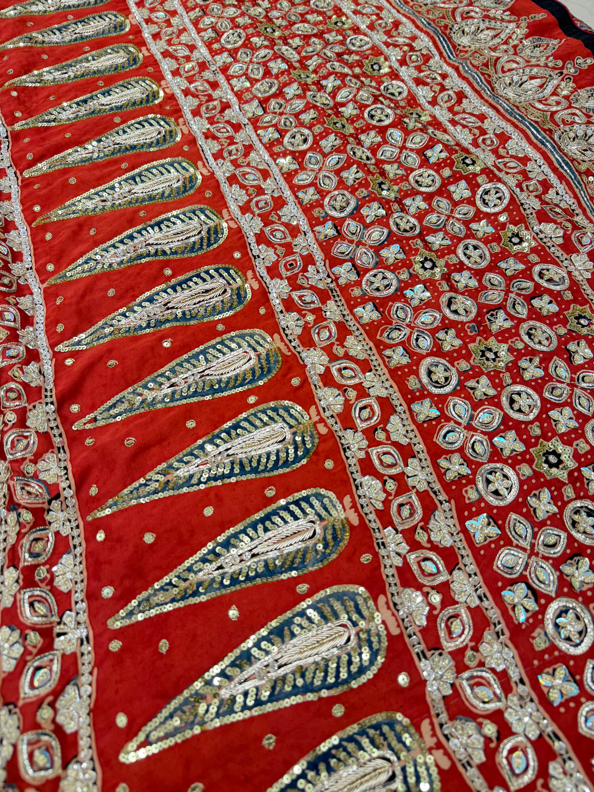 Red Badam Jaal Pita Zardosi Sequin Ajrakh Hand Embroidery Saree