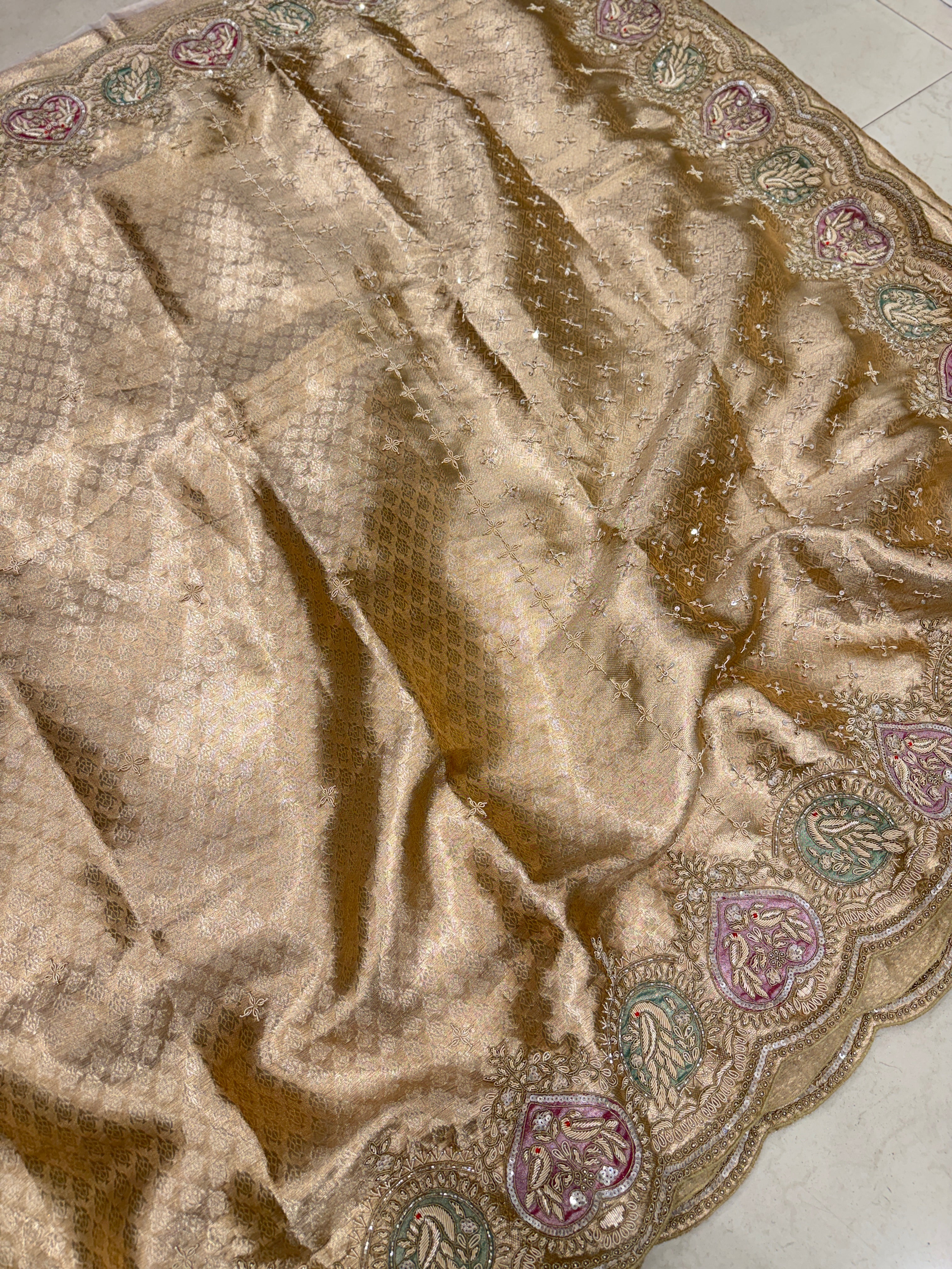 Golden Tissue Kanjivaram Zardosi Patch Work Hand Embroidery Saree