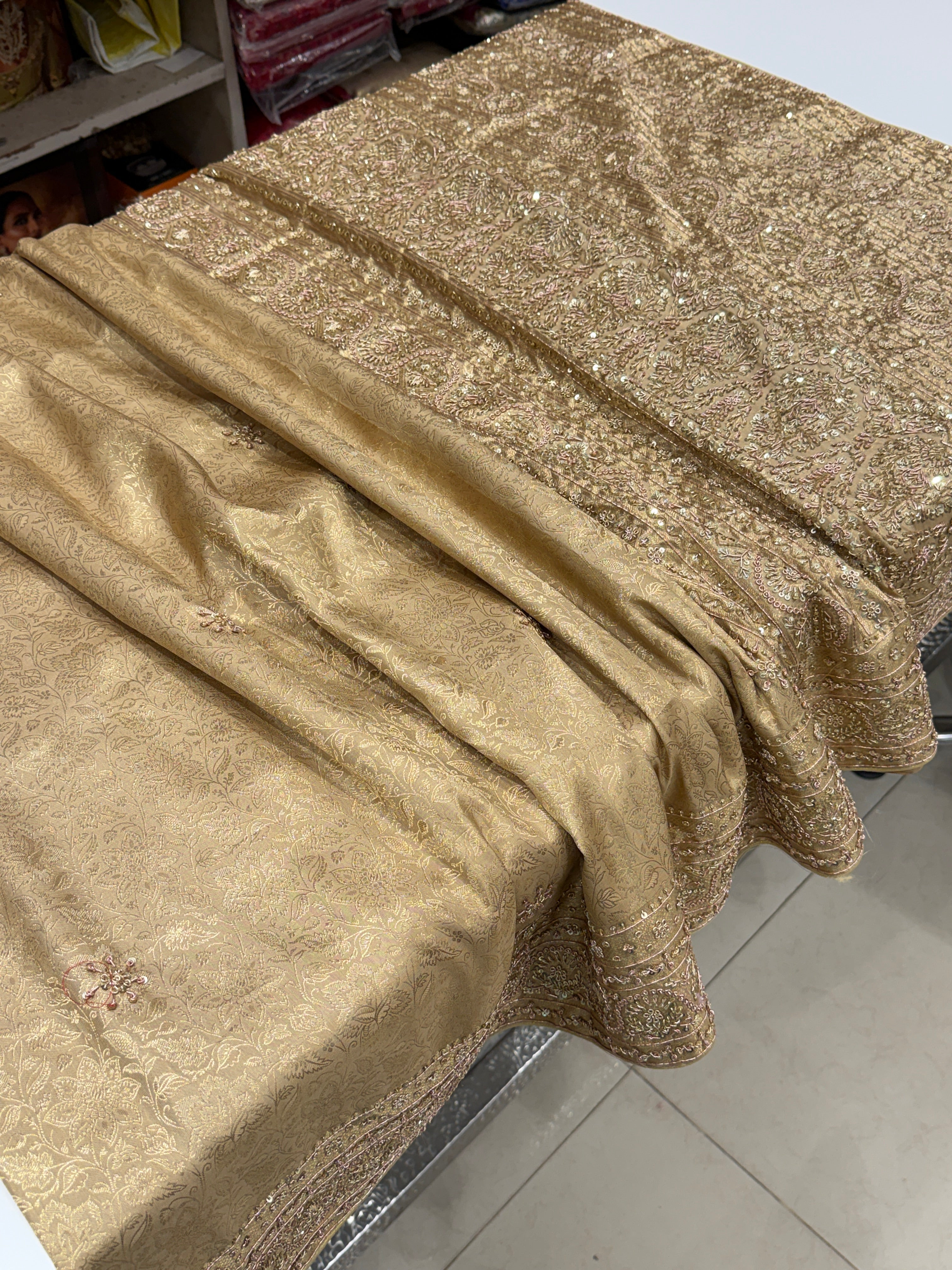 Beige Gold Kanjivaram Zardosi Hand Embroidery Saree