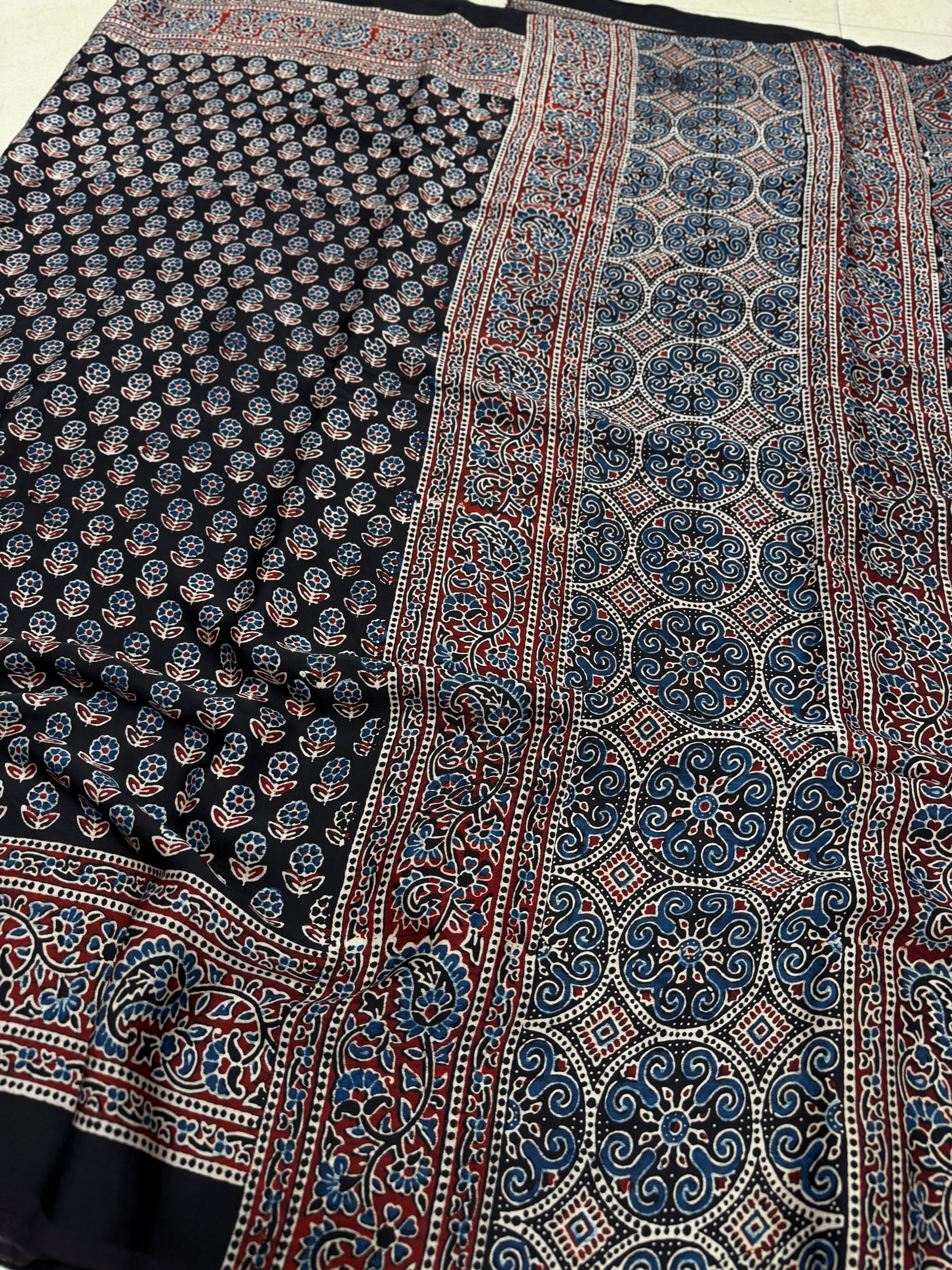 Black Small Flower Buttis Ajrakh Hand Block Print Pure Modal Silk Saree