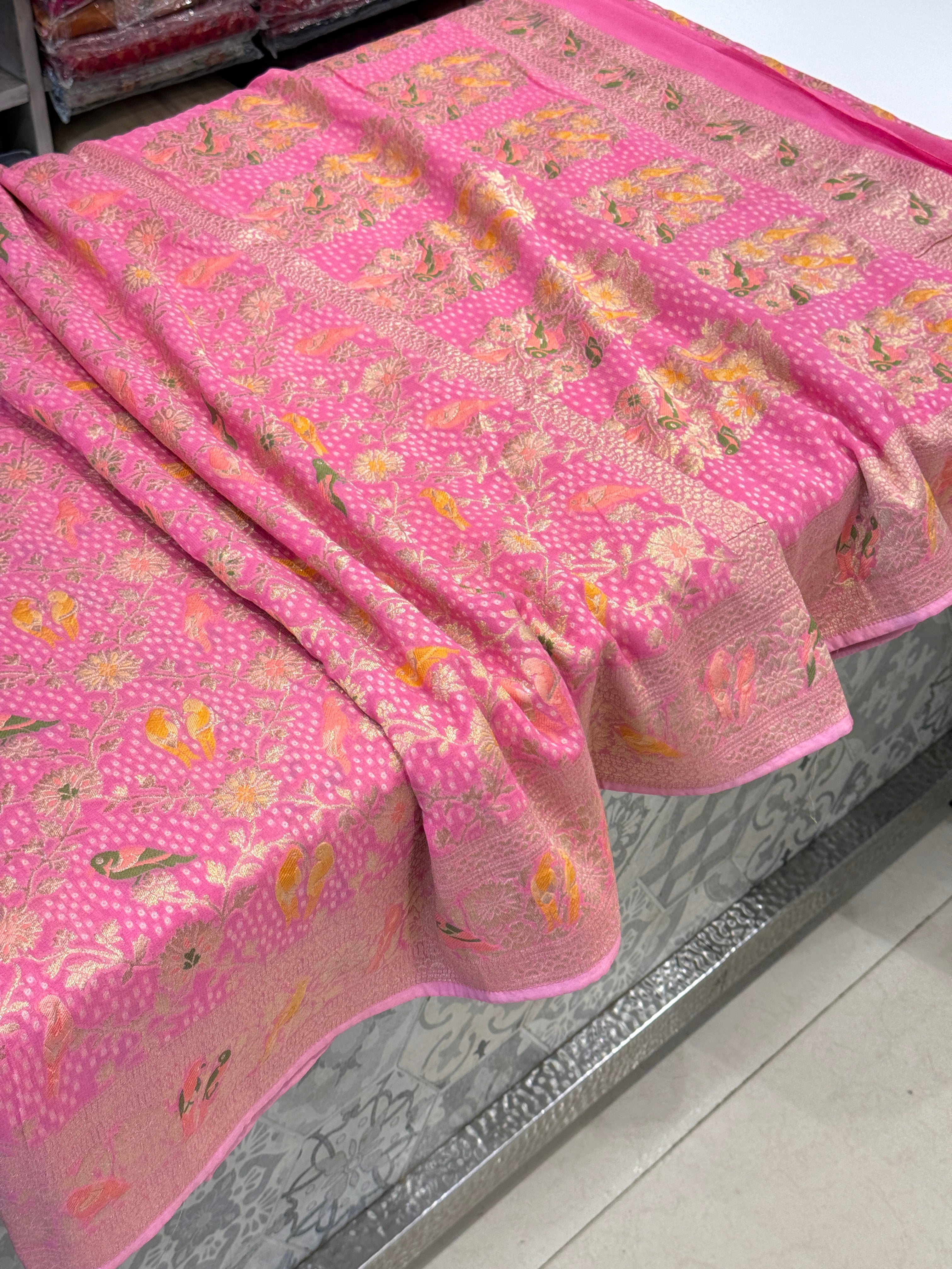 Pink Woven Bandhej Meenakari Parrot Motif Saree