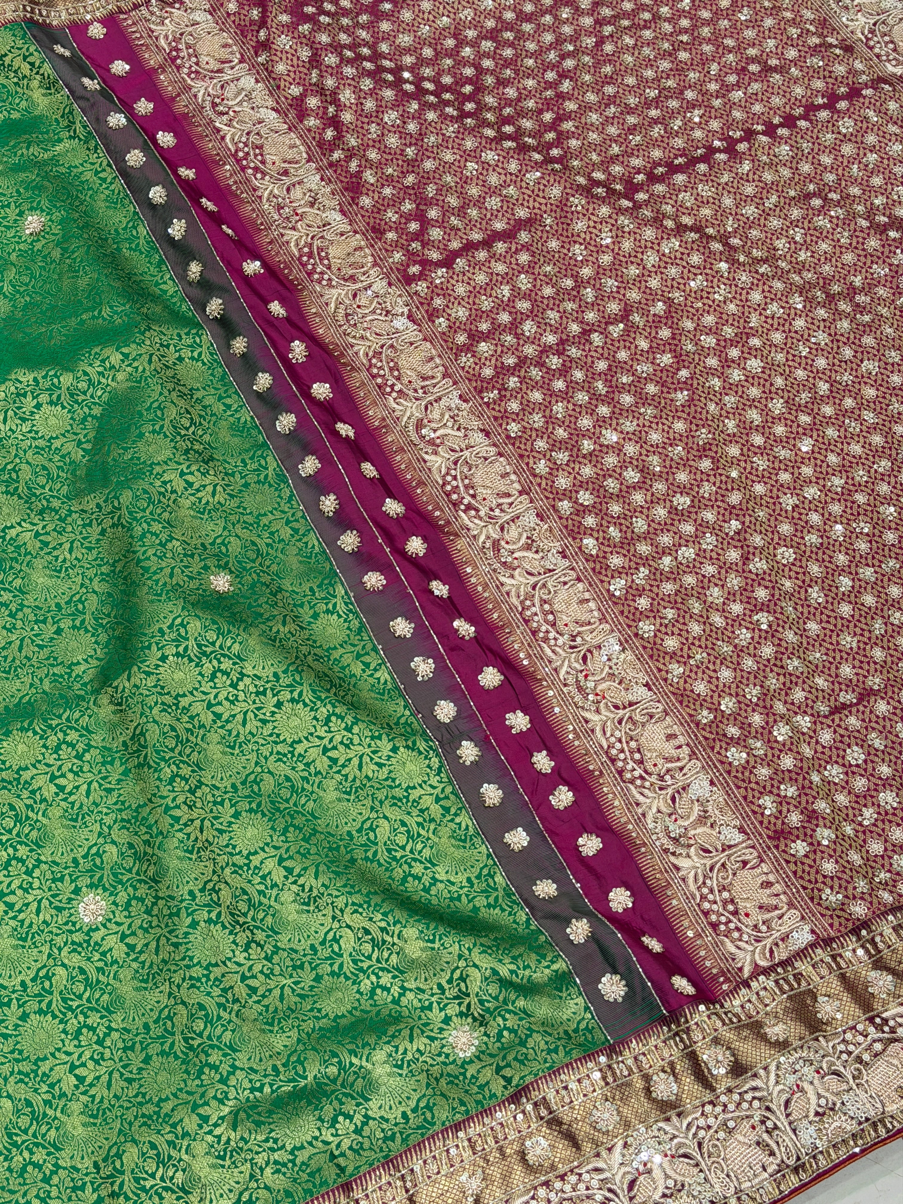 Green Purple Kanjivaram Elephant Motifs Zardosi Hand Embroidery Saree