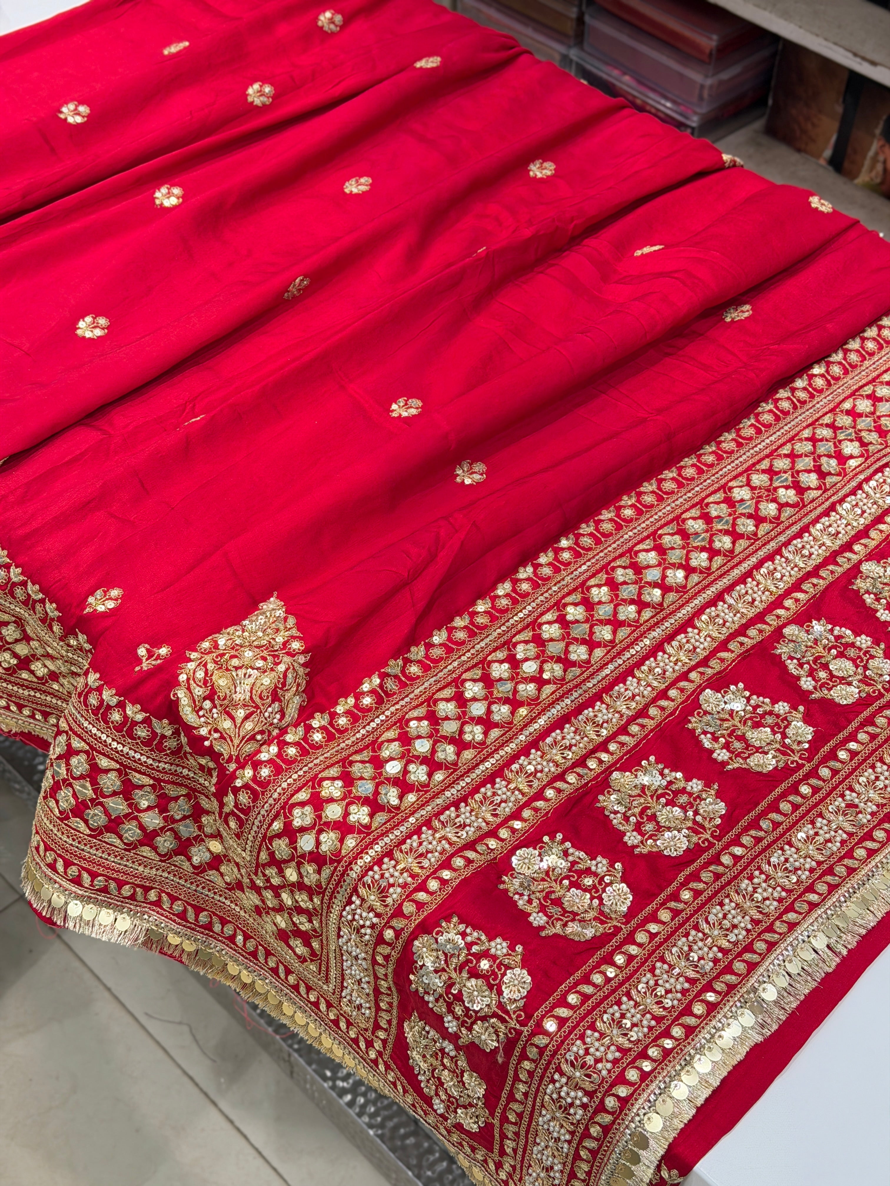 Red Marodi Embroidery Sabyasachi Inspired Pure Silk Butti Saree