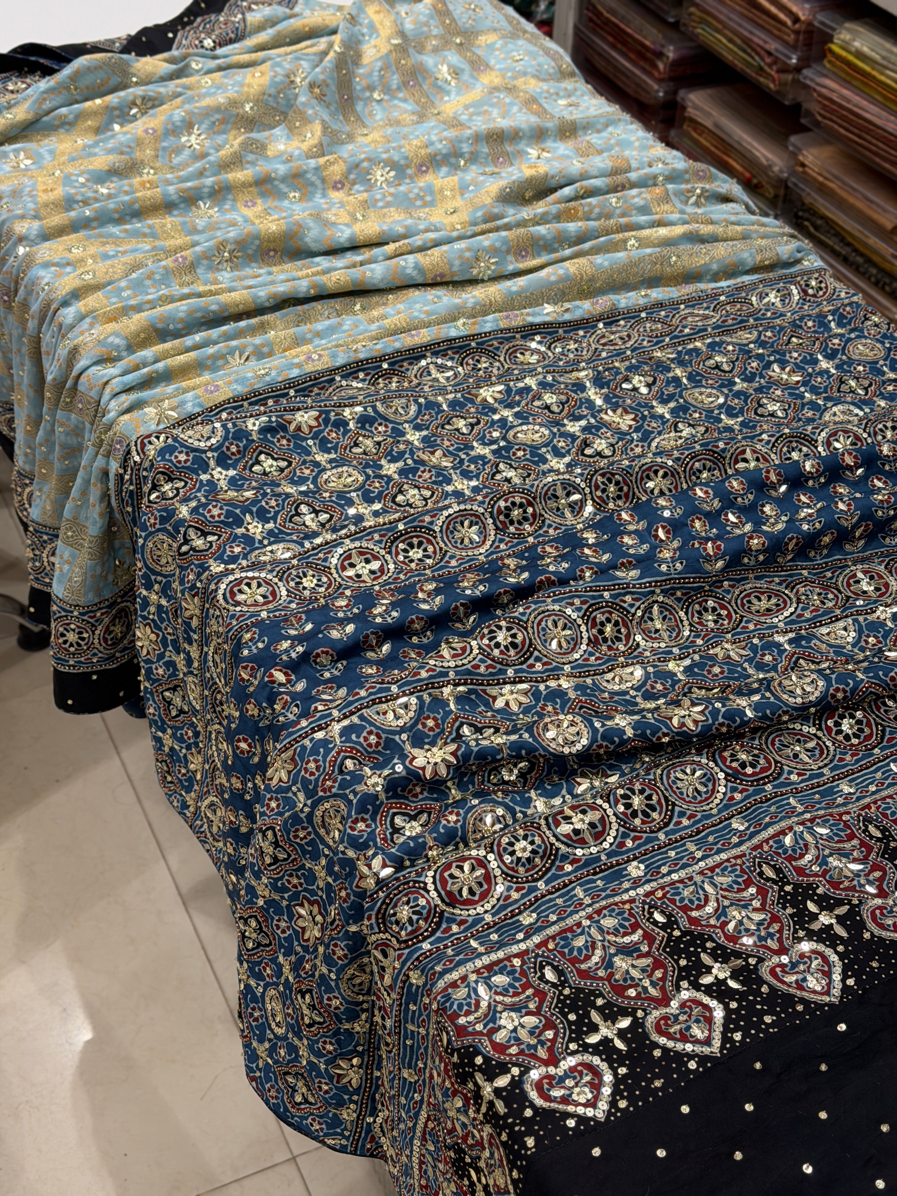 Light Blue Gharchola Georgette Ajrakh Hand Embroidery Saree