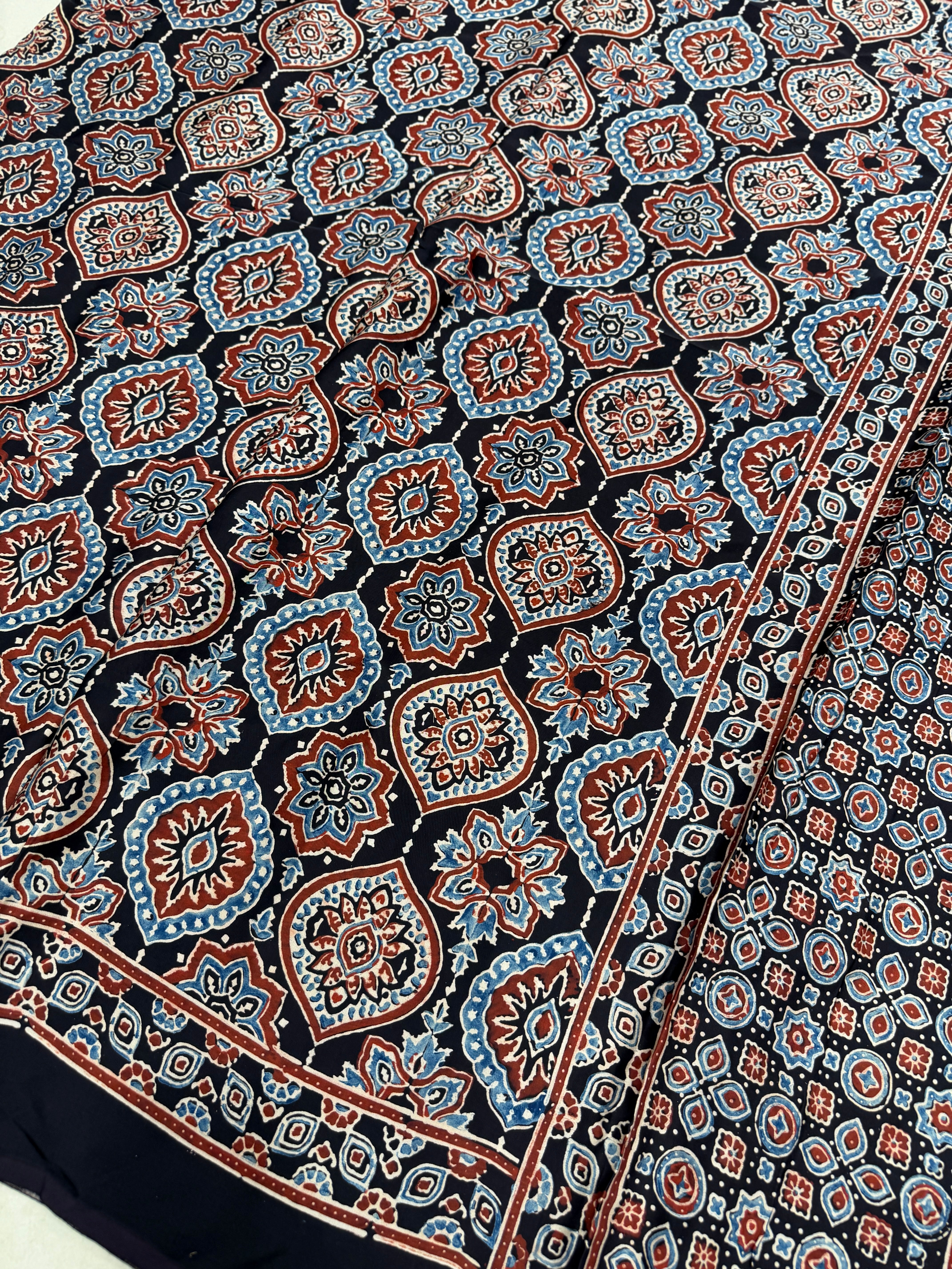 Black Badam Ajrakh Hand Block Print Pure Gajji Silk Saree