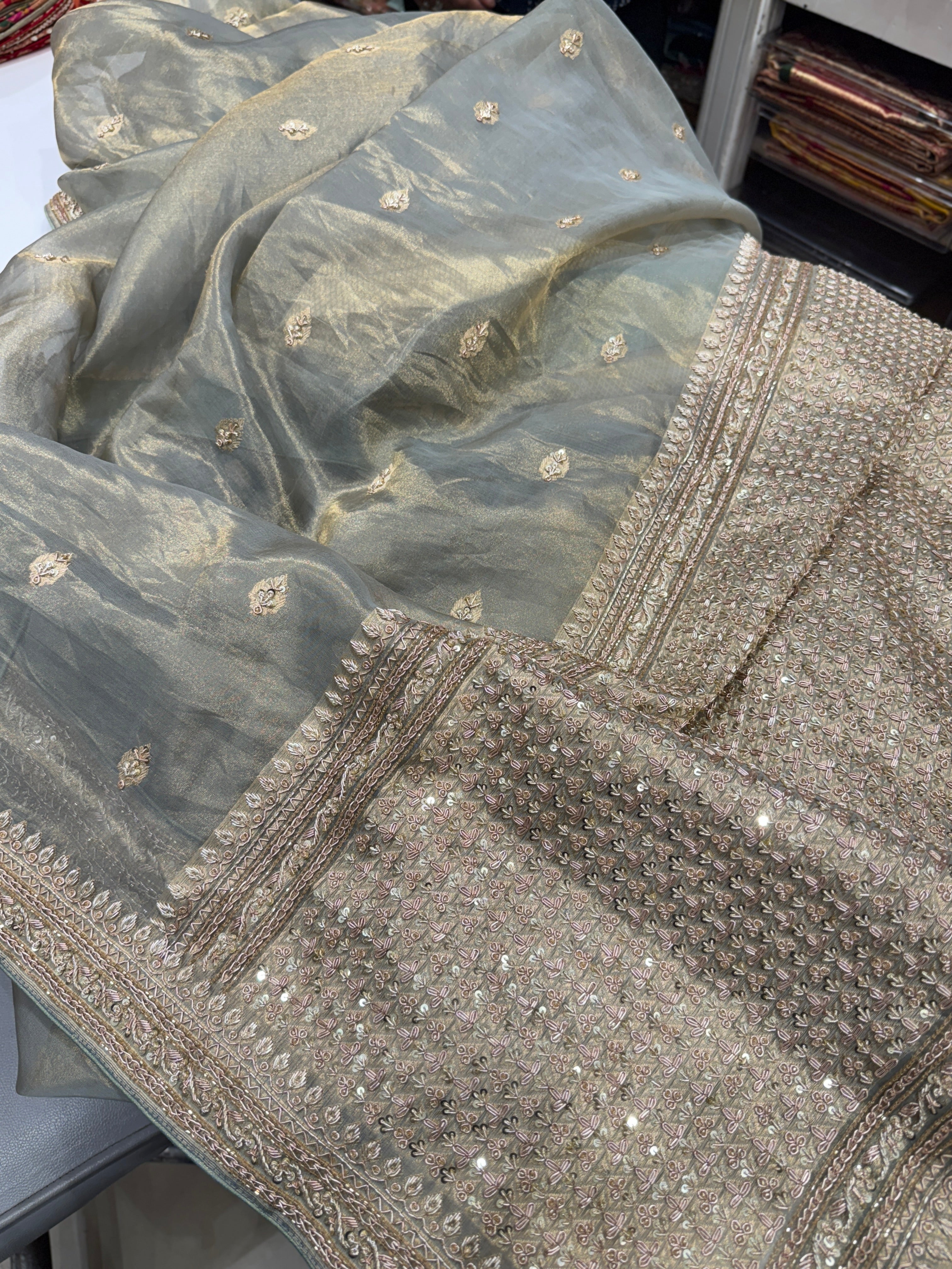 Cement Grey Banarasi Tissue Kadwa Buttas Zardosi Hand Embroidery Saree