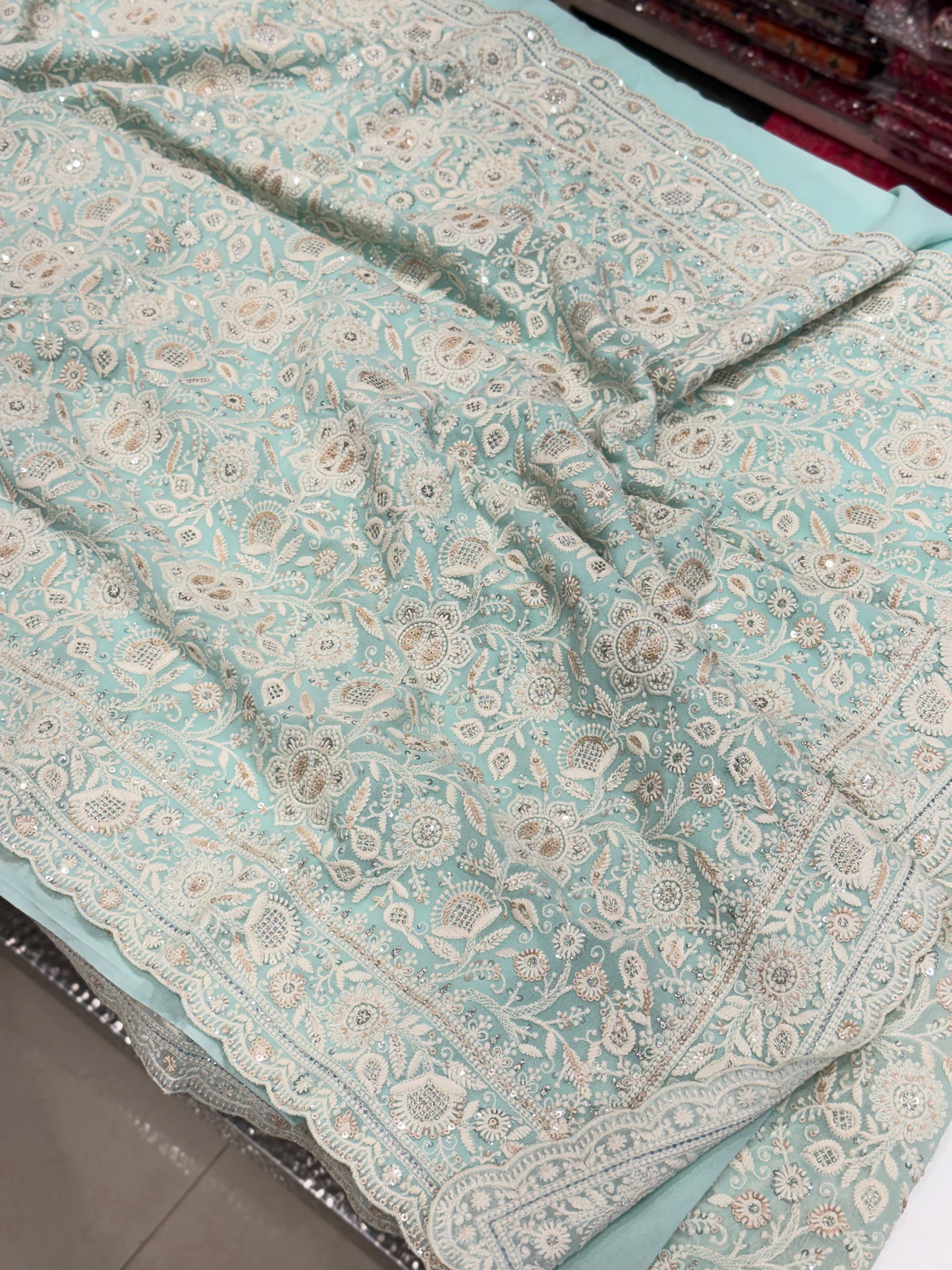 Blue Chikankari Small Scallop Design Saree