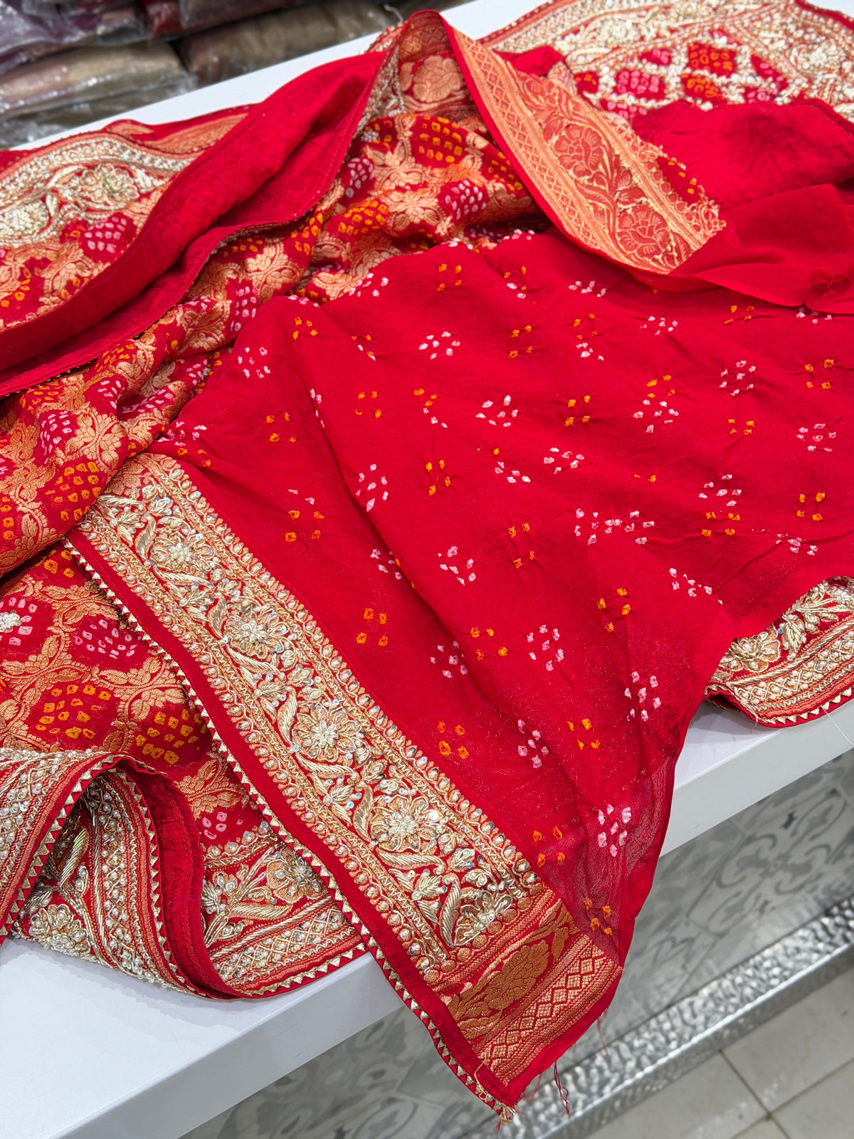 Red Rai Bandhej Georgette Saree Zardosi Hand Embroidery Saree