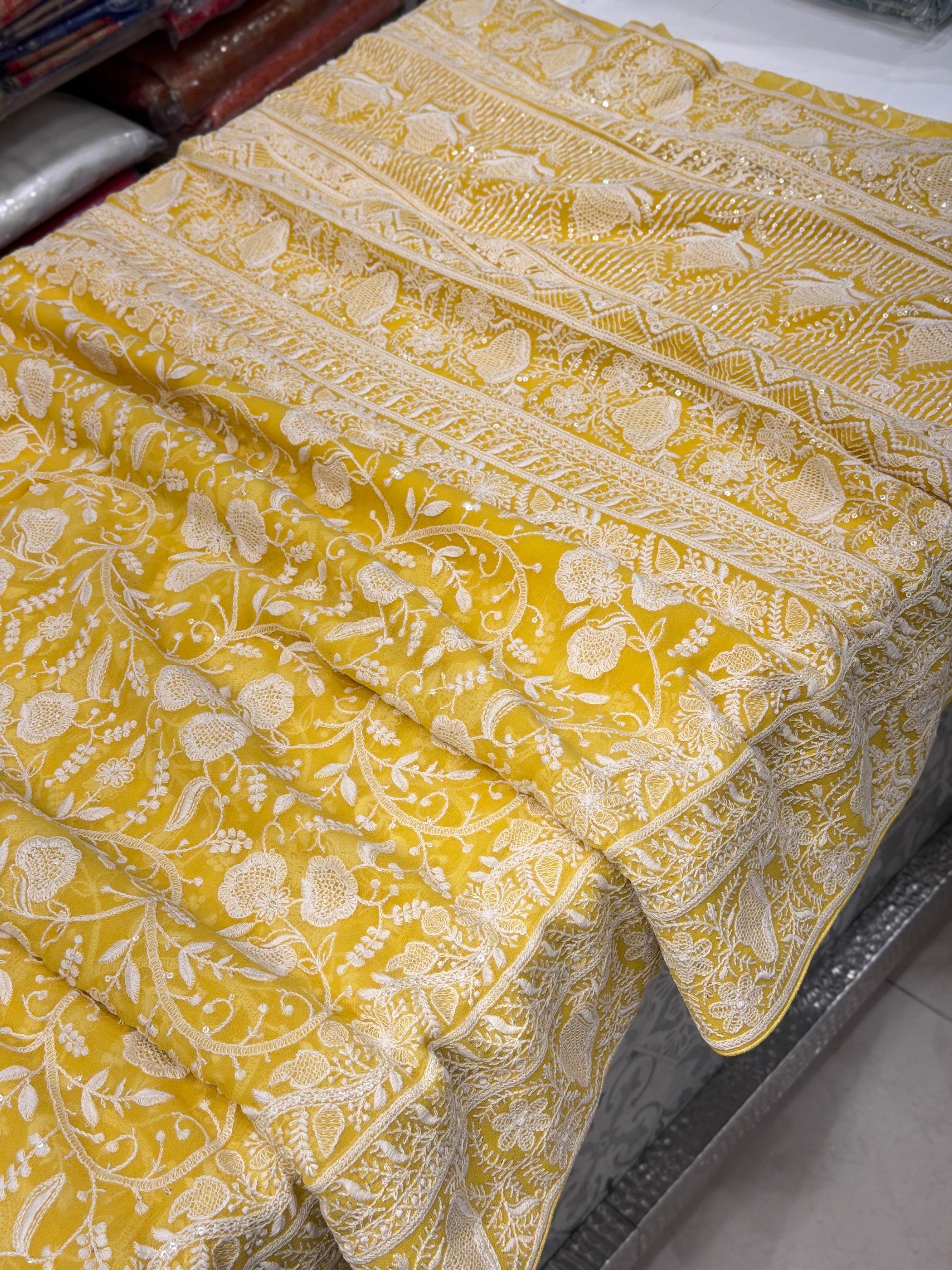 Yellow Georgette Chikankari Resham Saree