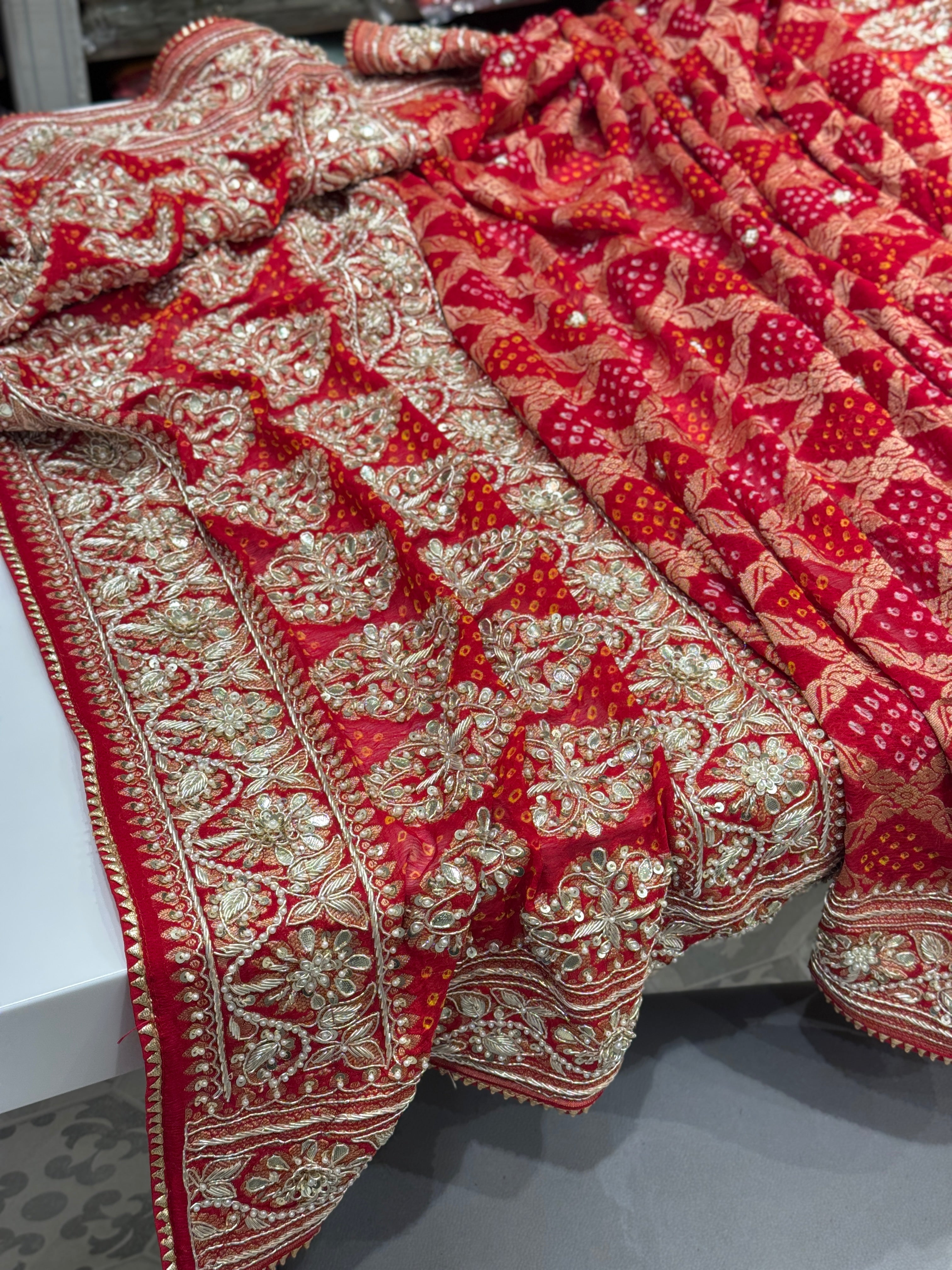 Red Hand Embroidery Bandhej Dupatta