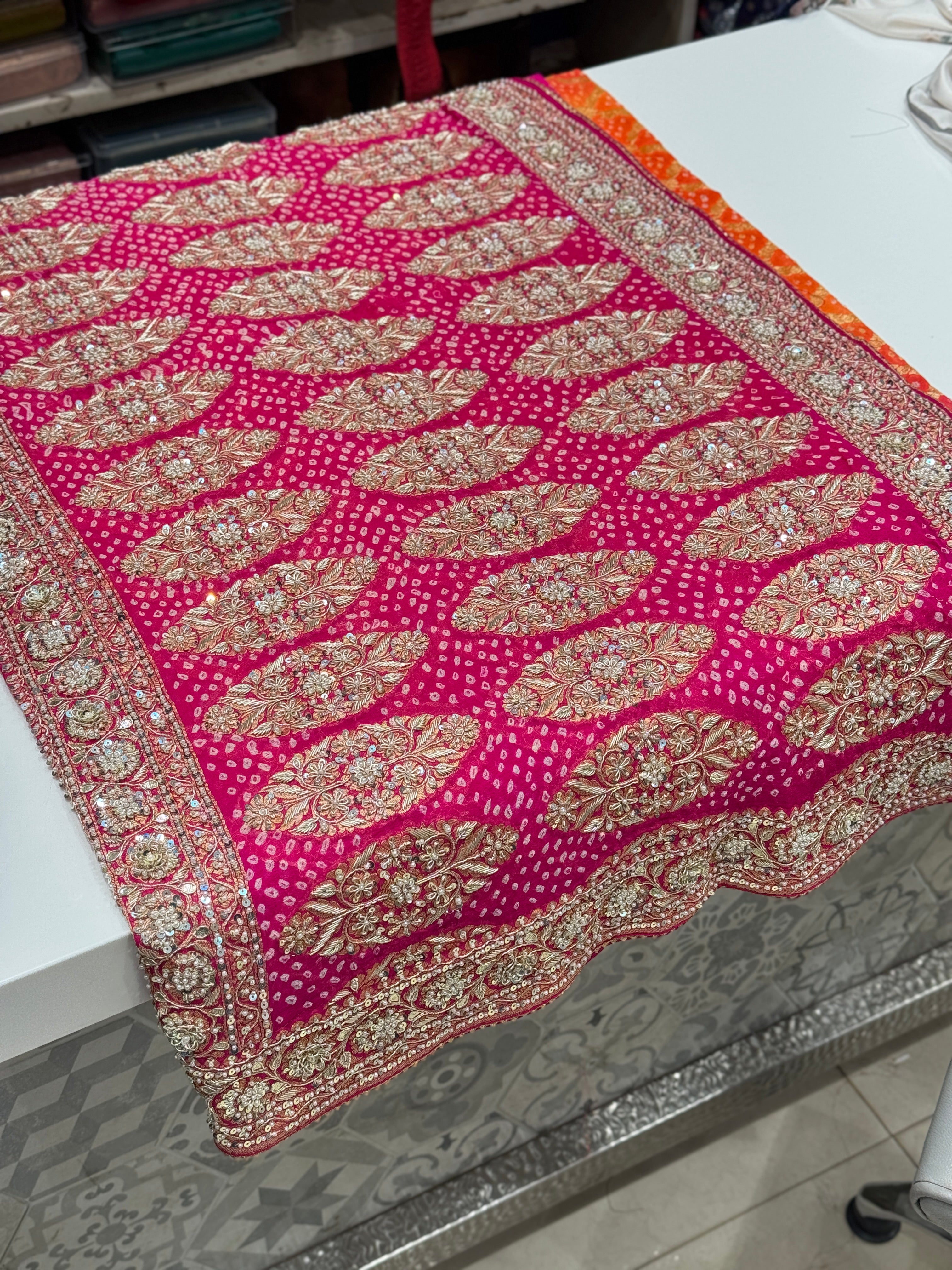 Orange Rani Shaded Bandhej Zardosi Embroidery Saree