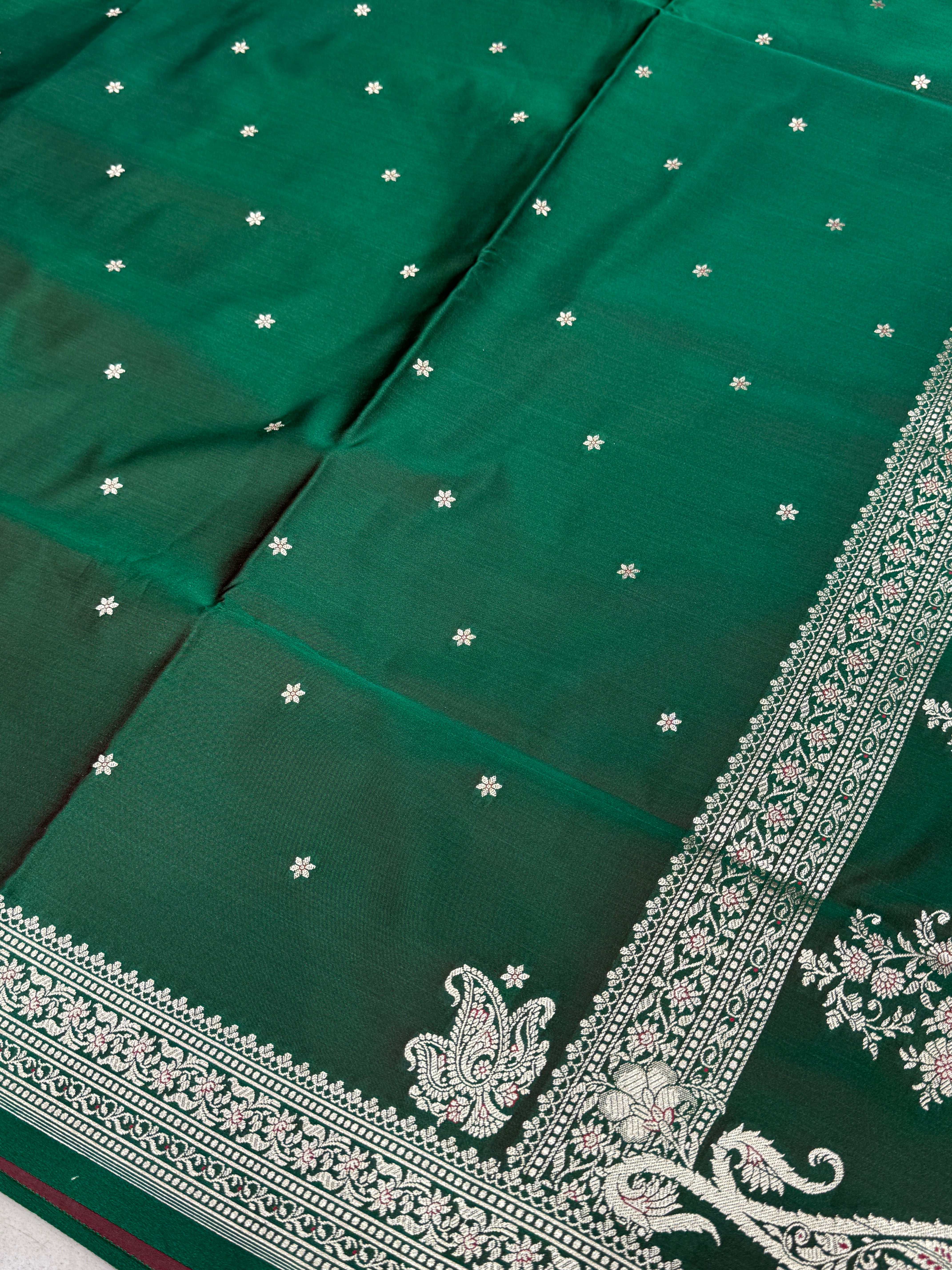 Bottle Green Banarasi Silk Star Butti Saree