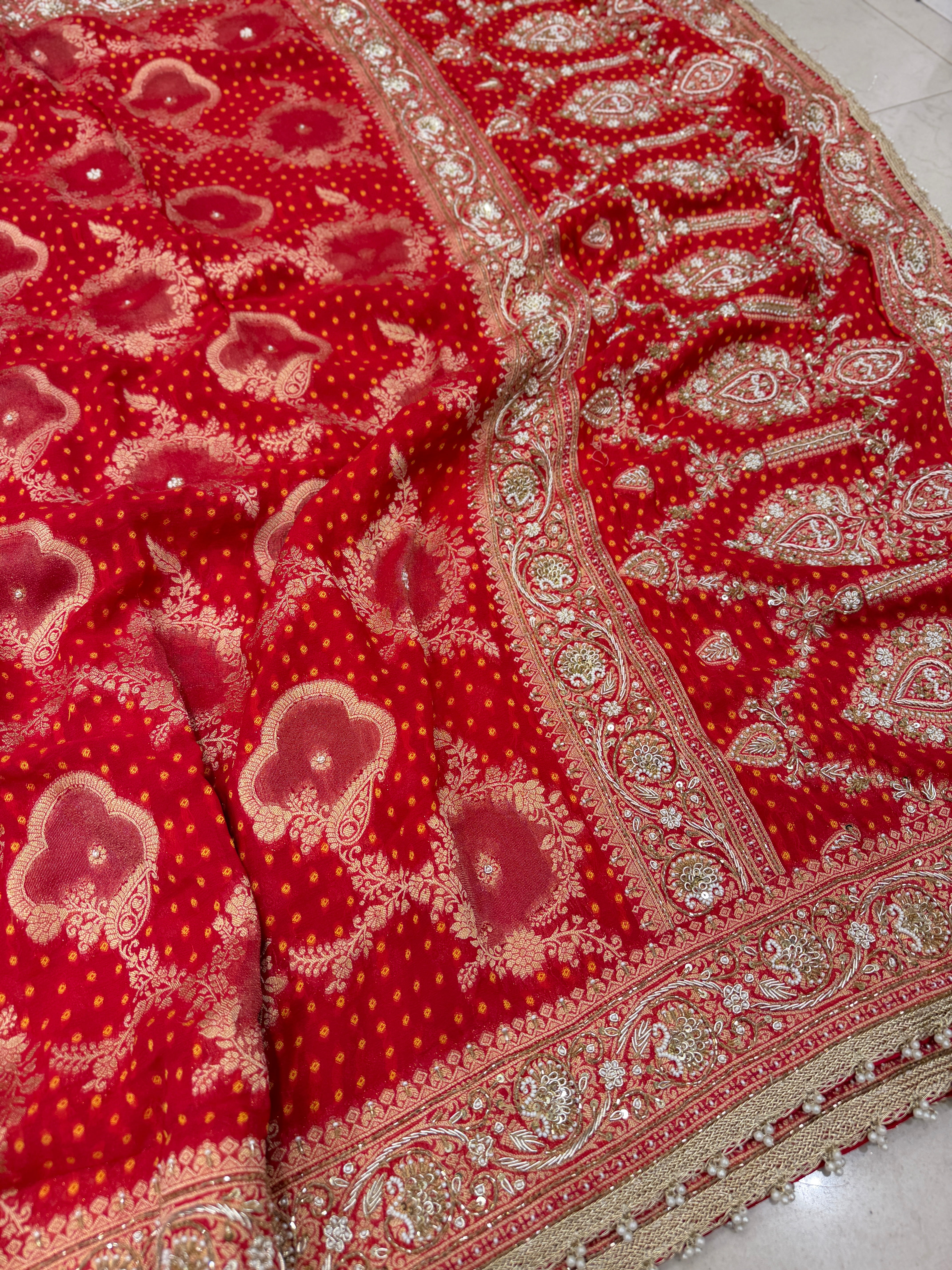 Red Woven Bandhej Zardodi Moti Hand Embroidery Saree